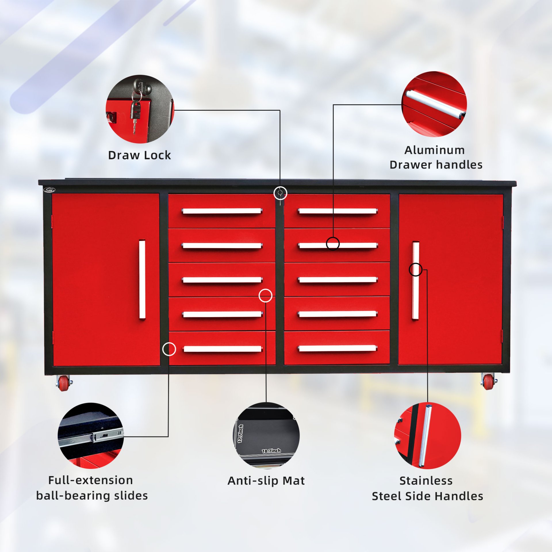 Storage Cabinets With Workbench (10 Drawers & 2 Cabinets) - Red - Image 4