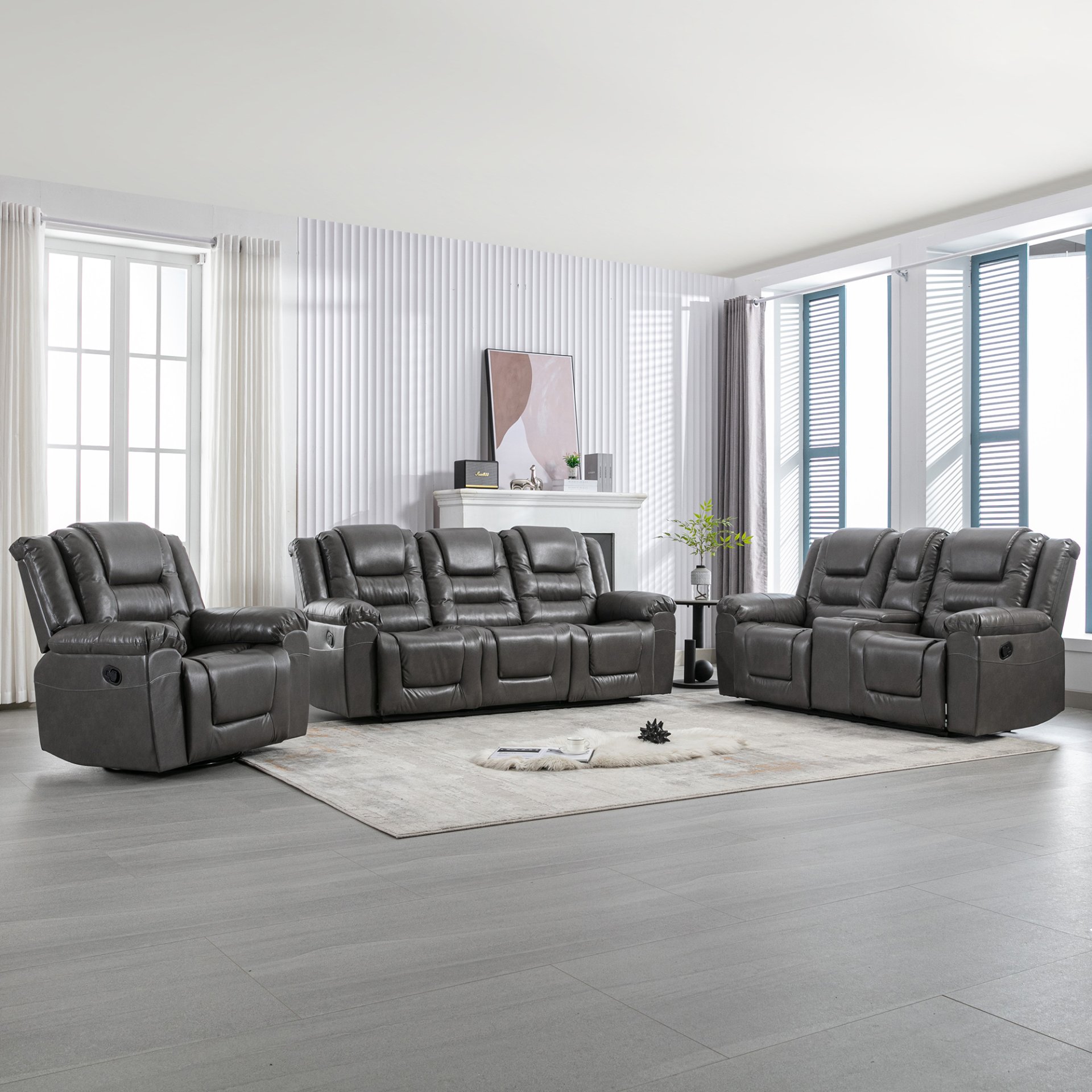 Home Theater Recliner Set Manual Recliner Chair With Wide Armrest, Two Built-In Cup Holders For Living Room - Gray - Image 5