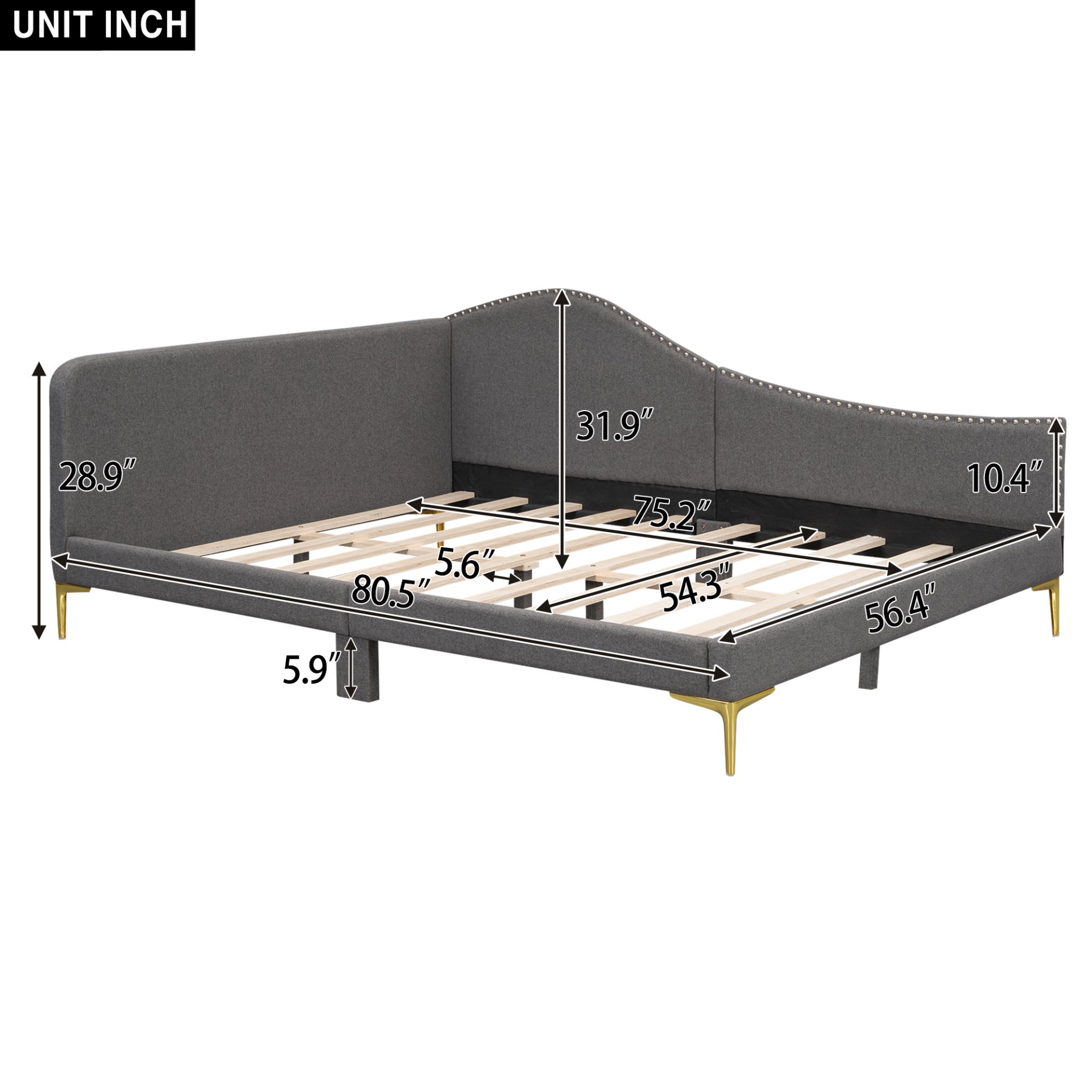 Full Size Upholstered Daybed With Headboard And Armrest, Support Legs - Gray - Image 3