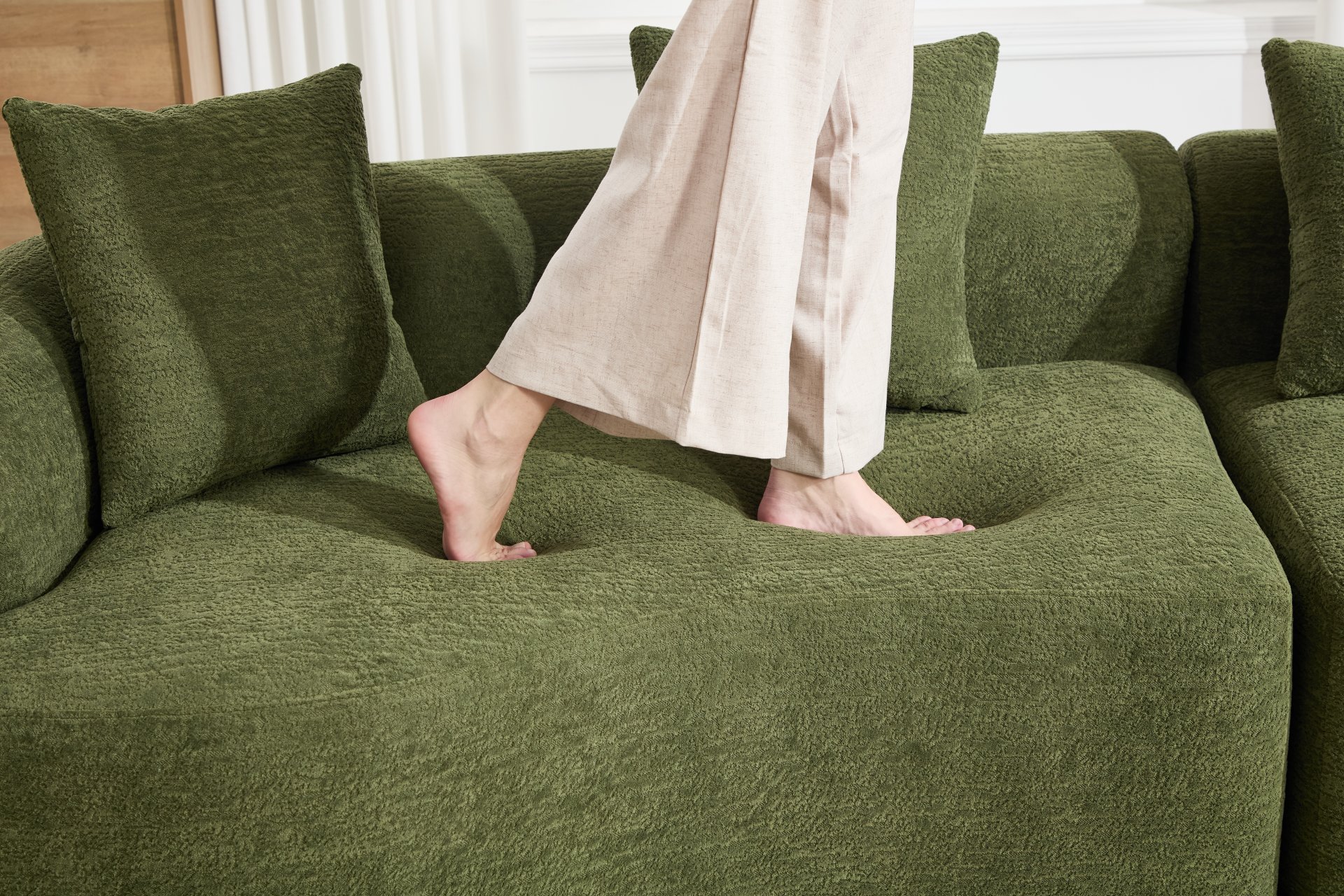 4 Seater Sofa With Chenille Fabric, 30D, 60 Hardness Full Sponge, 4 Pillow For Living Room, Home Furniture Sleeper Sectional Sofa For Apartment - Green - Image 32