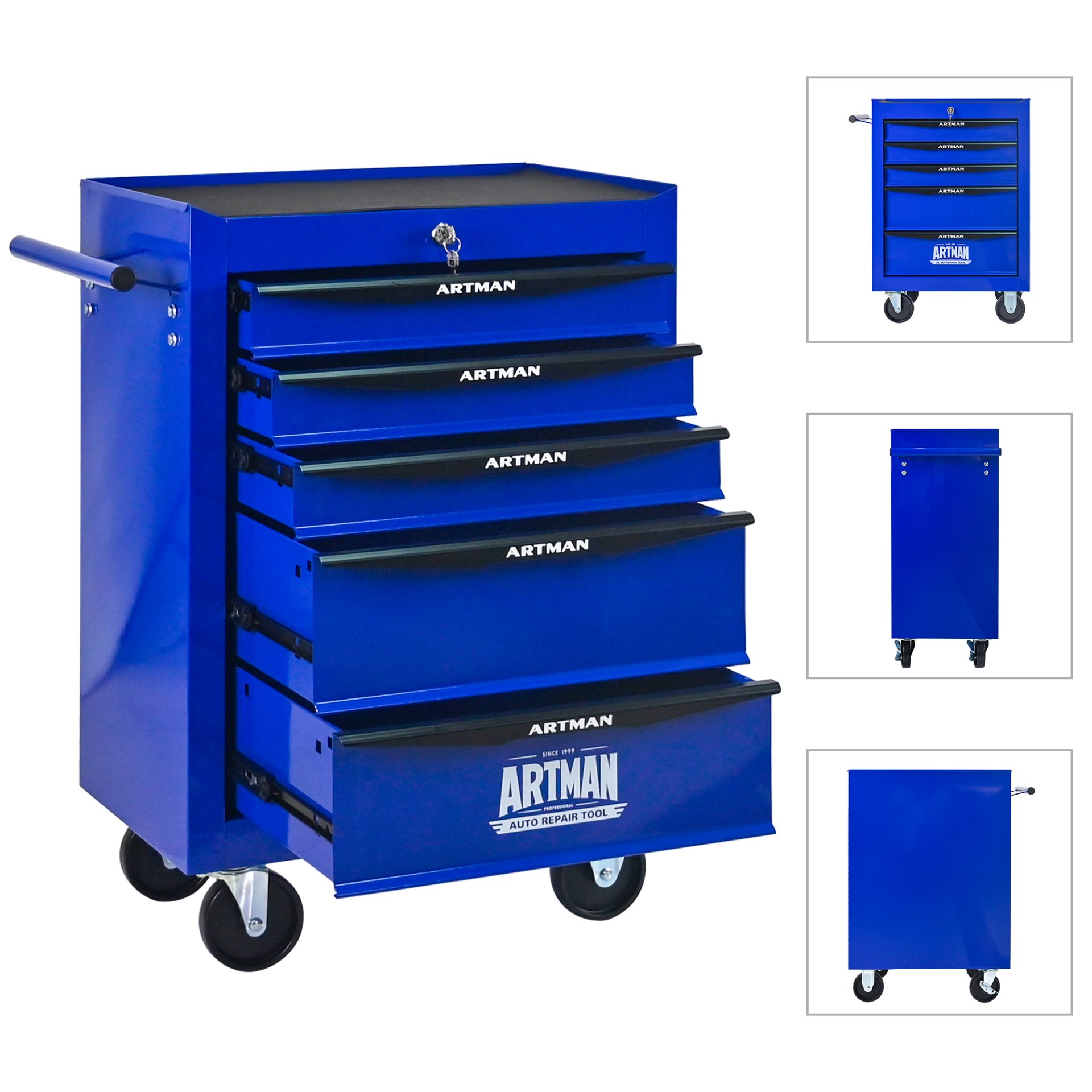 Rolling Metal Tool Chest With 5 Drawers, 20" Steel Storage Cabinet With Ball Bearing Slides - Black / Blue - Image 7