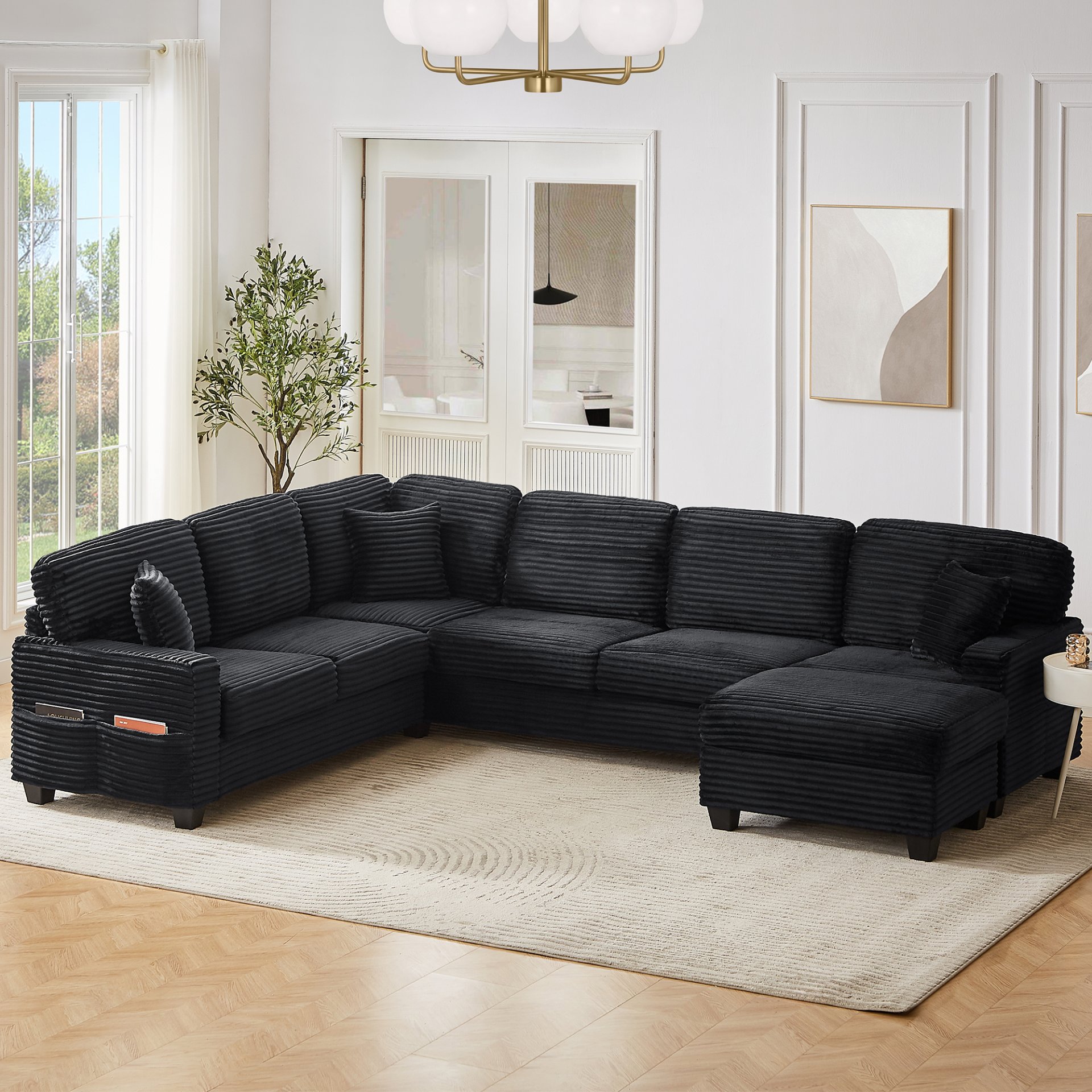 Upholstered U Shaped Sectional Sofa With Movable Ottoman And Side Storage Pockets - Black - Image 2
