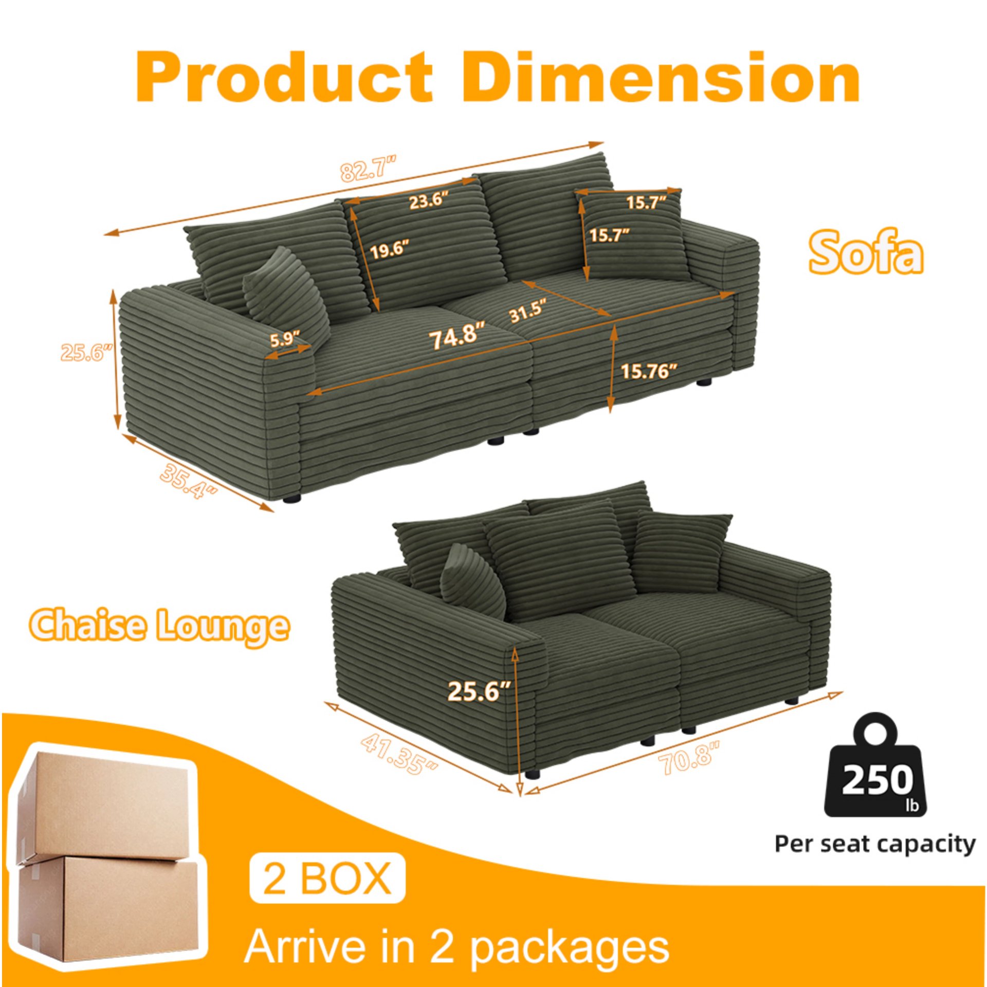 3 Seat Sofa, Convertible Deep Seat Sofa Lounge Chair For Living Room - Green - Image 8