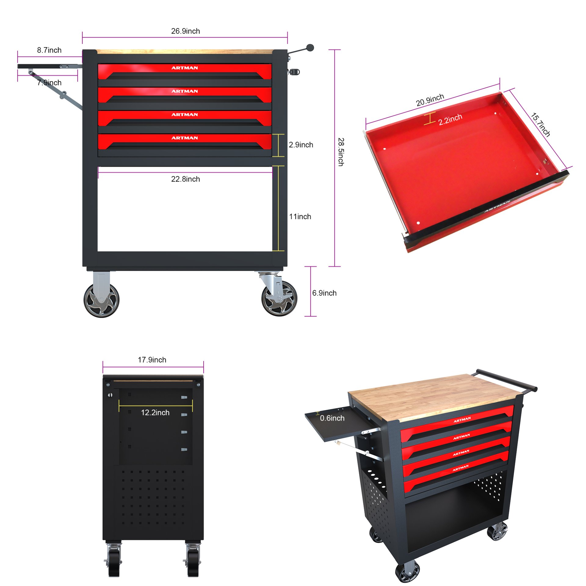 4 Drawers Multifunctional Tool Cart With Wheels And Wooden Top - Black / Red - Image 3