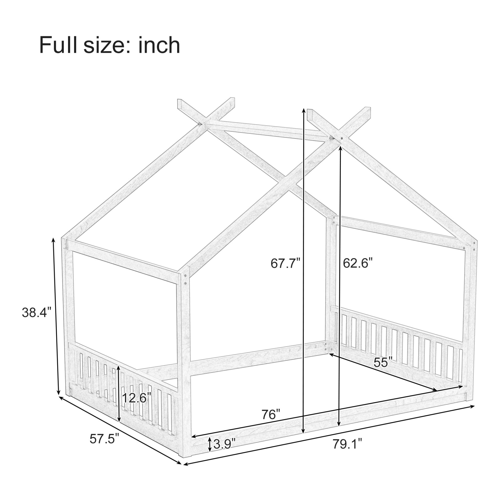 Full Size Montessori Style House Bed For Kids, Floor Bed Frame With Headboard And Footboard, Fence Bed For Girls, Boys, Slat Not Included - White - Image 3