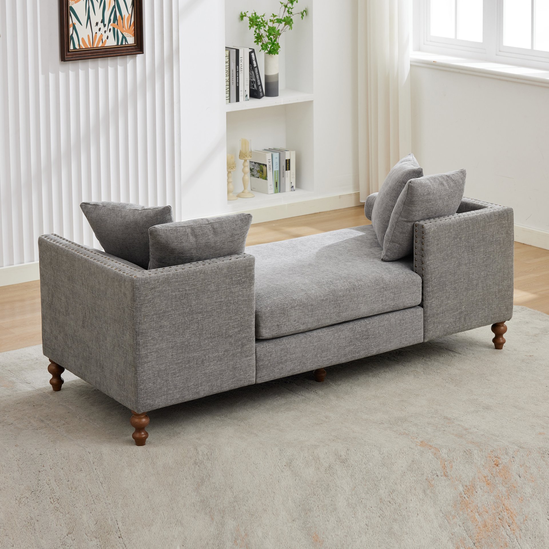 Chenille Upholstered Chaise Lounge With Nailheads And Rubberwood Legs, Wide Sleeper Sofa With 4 Throw Pillows & 2 Bolsters - Gray - Image 7