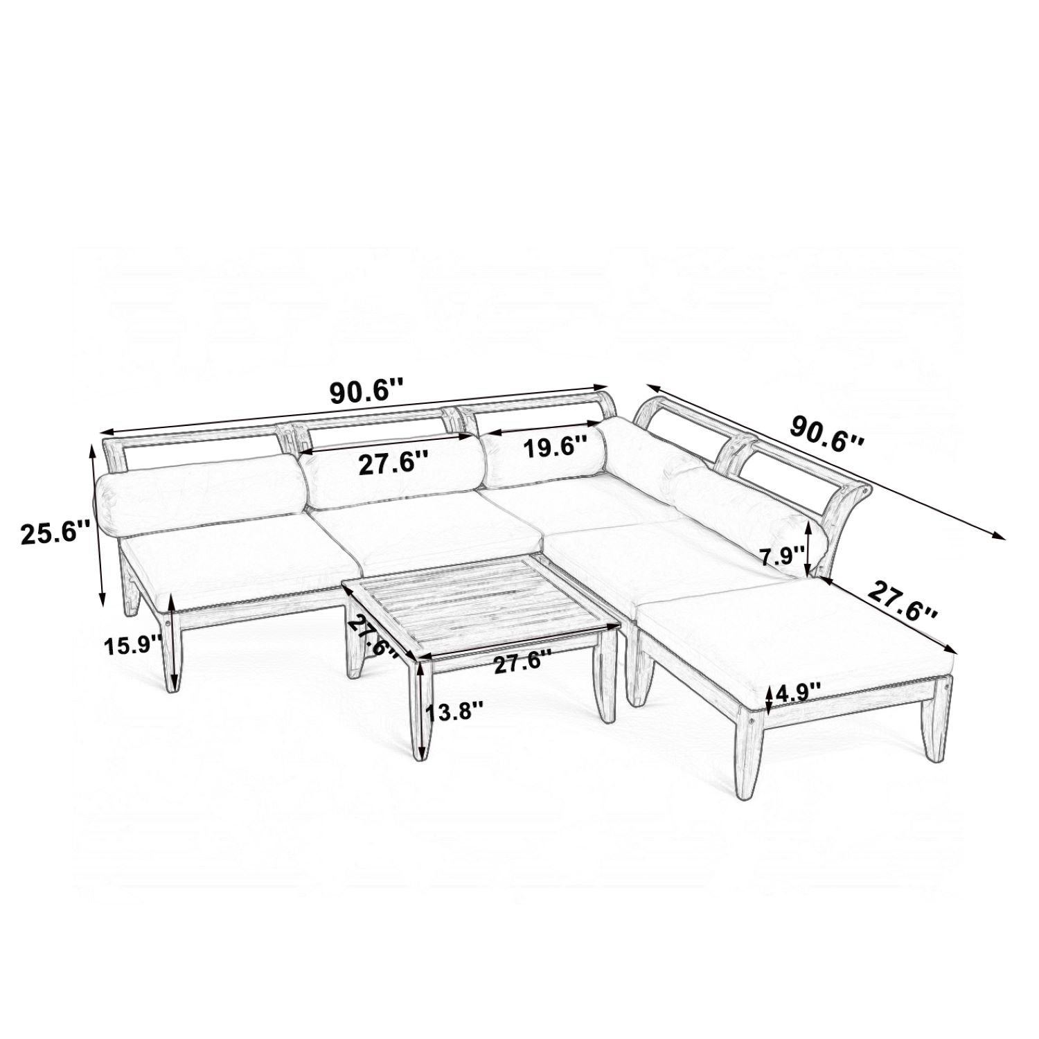 6 Piece Patio Sofa Set, Acacia Wood Outdoor Modular Sectional Garden Furniture Set L Shaped Conversation Set, Convertible Daybed With Tea Table, Ottoman, 5 Cushions And Pillows - Teak / Beige - Image 3