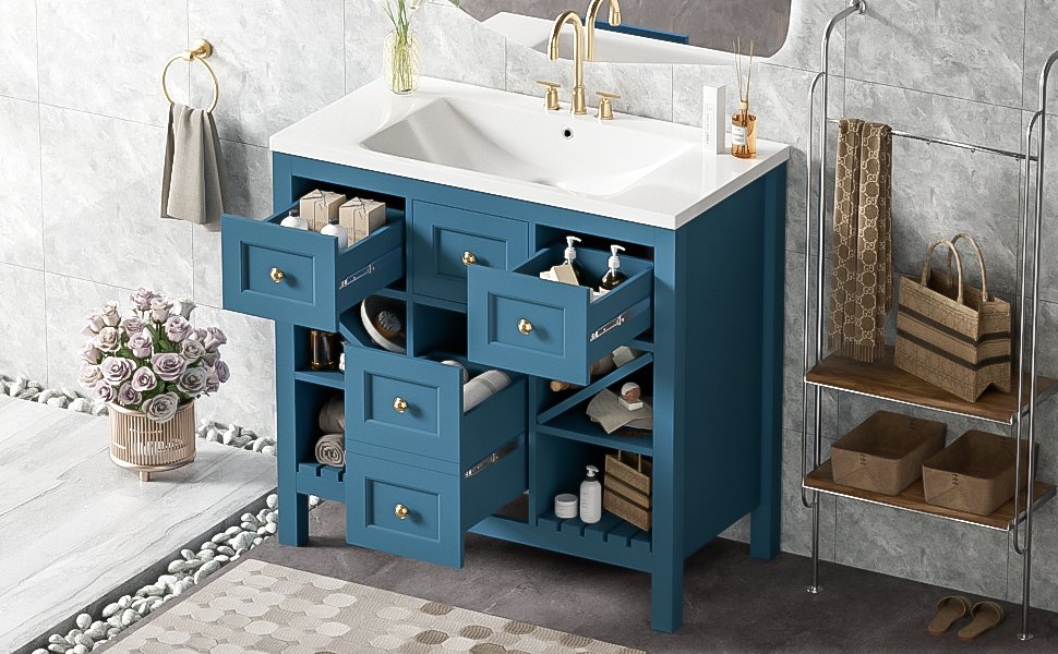 Bathroom Vanity With Resin Sink Combo, Frame Bathroom Storage Cabinet, Freestanding Vanity Set, 5 Drawers & Soft Closing Doors - Blue - Image 20