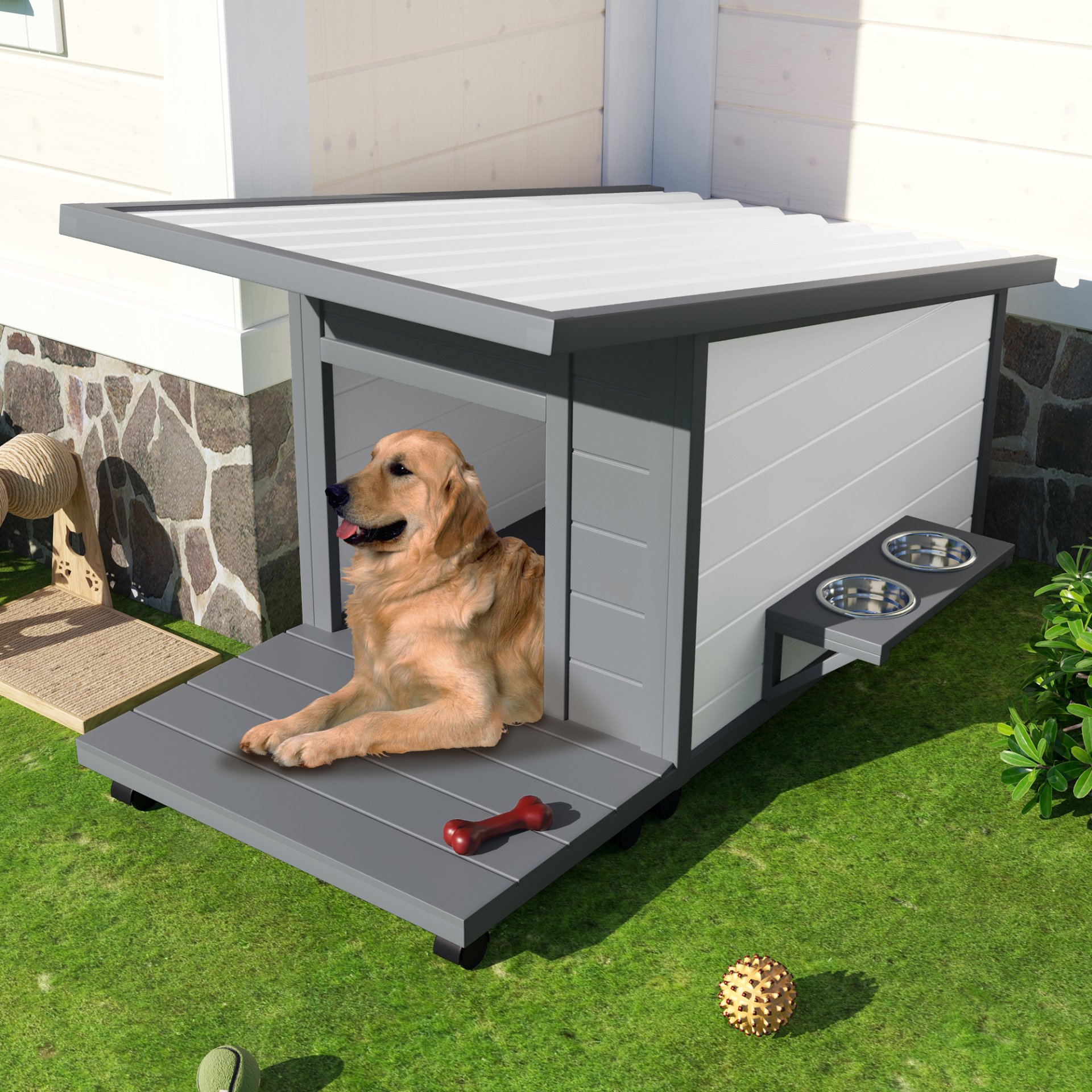 Modern Design Outdoor Dog House With Food Bowl And Wheels Pine - Gray / White - Image 7