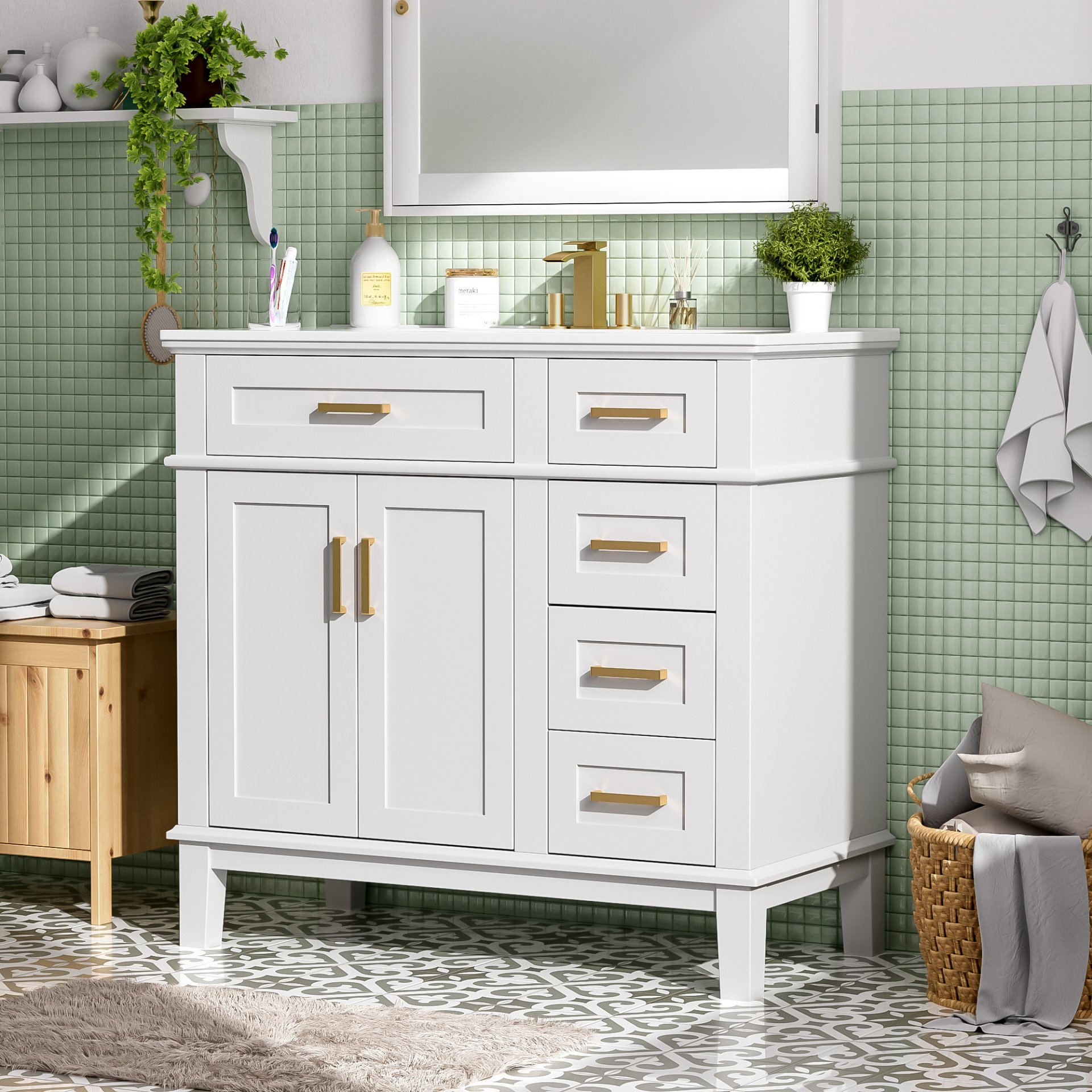 Bathroom Vanity With Sink, Soft Close Doors, And Storage Drawers, 36" - White - Image 6