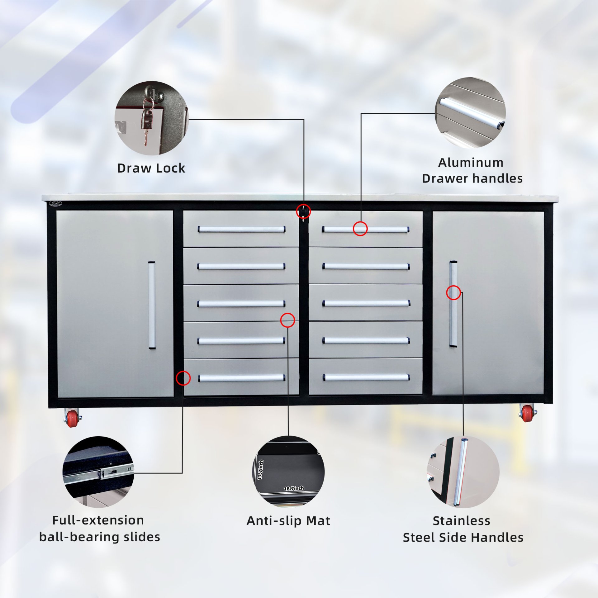 Storage Cabinets With Workbench (10 Drawers & 2 Cabinets) - Silver - Image 4