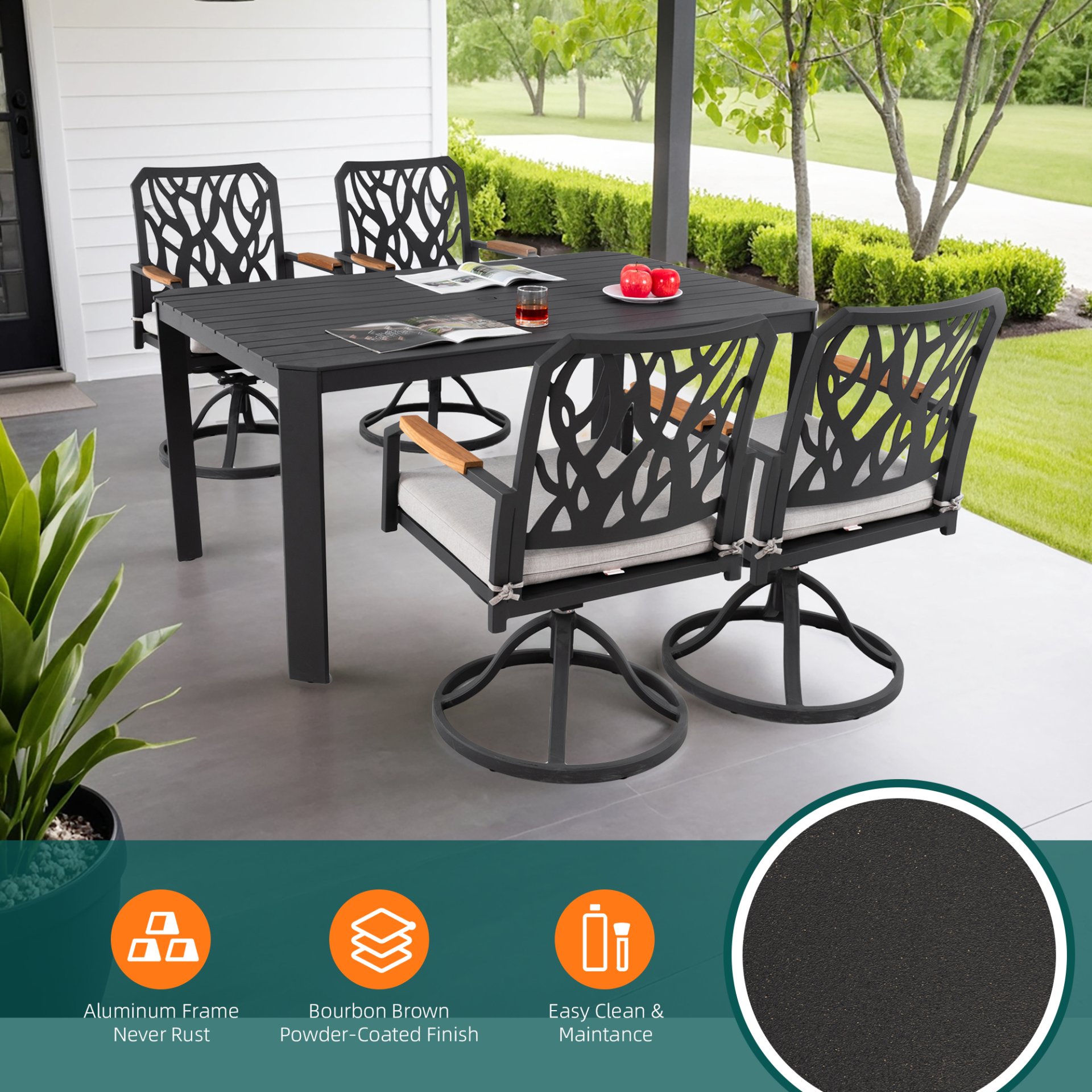 5 Pieces Outdoor Patio Furniture Set, 4 Swivel Rockers Sunbrella Fabric Cushioned, Rectangular Table With Umbrella Hole - Bourbon Brown - Image 5