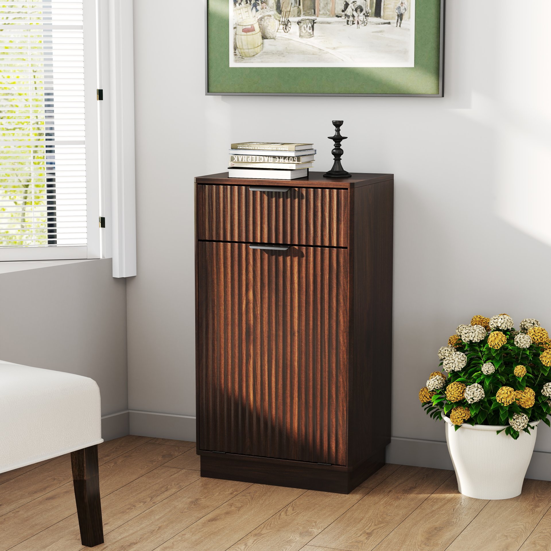 Tilt Out Trash Can Cabinet With Wave Textured Drawer & Pull Out Bin - Walnut - Image 6