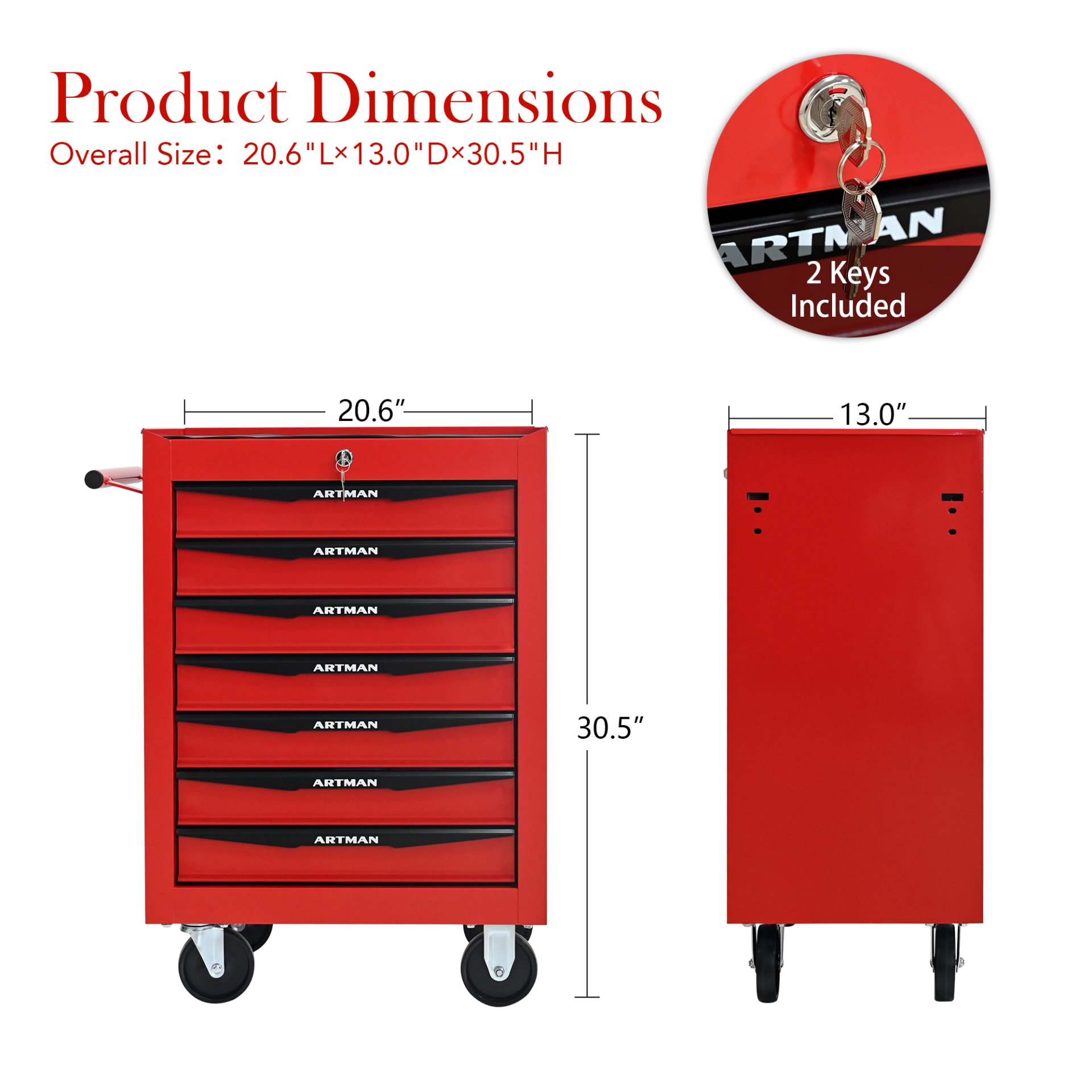 Rolling Metal Tool Chest With 7 Drawers, 20" Steel Storage Cabinet With Ball Bearing Slides - Red / Black - Image 3