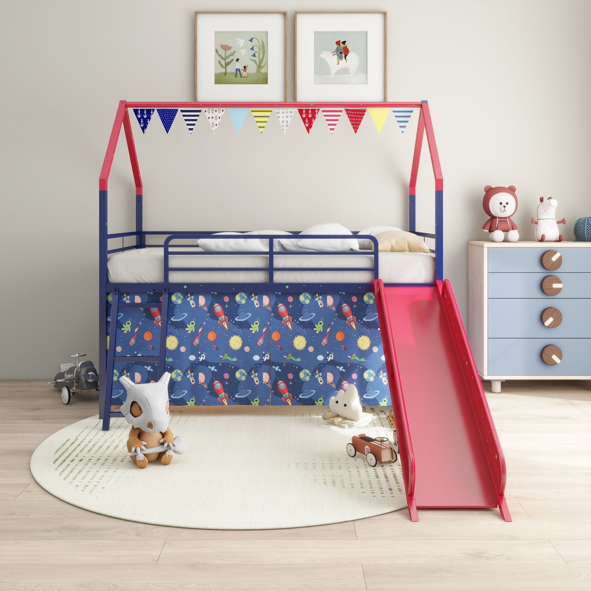 Jack - House Twin Loft Bed With Slide And Curtain Set, Superhero - Blue / Red - Image 6