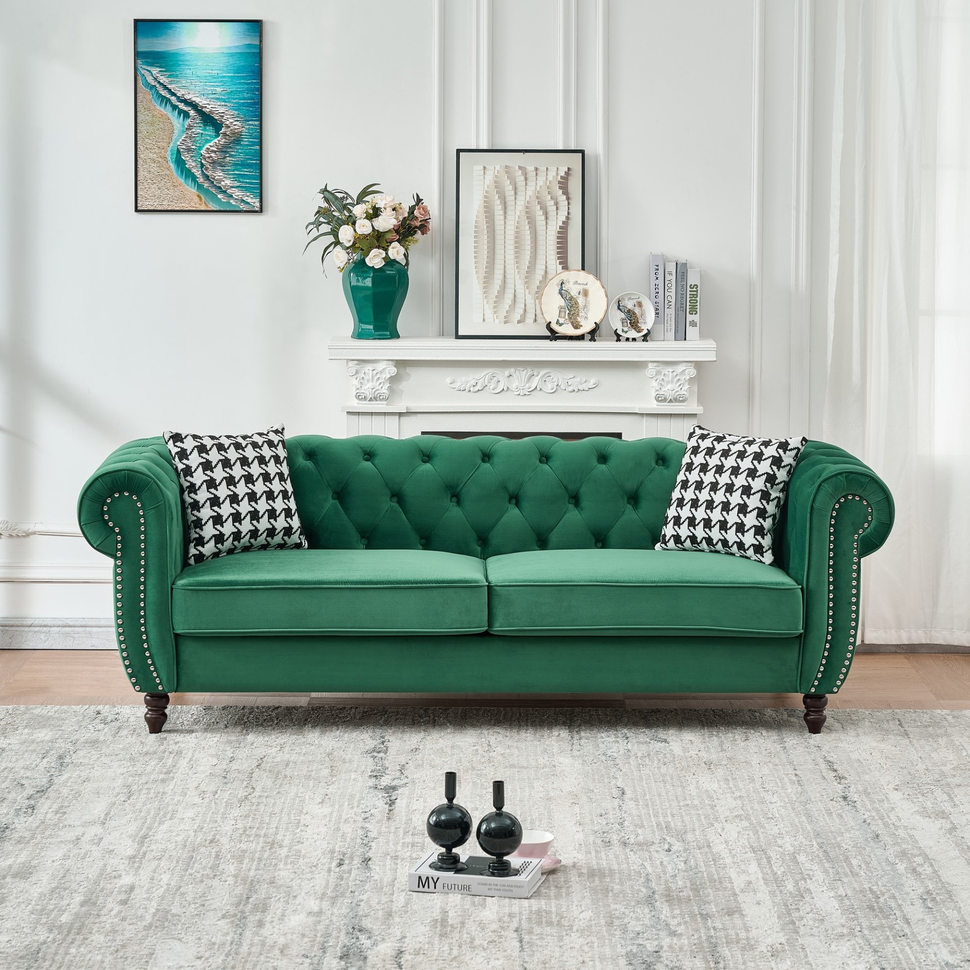 Chesterfield Sofa With Roll Armrest & Nailhead, 3 And 3 Seater Couch - Green - Image 6