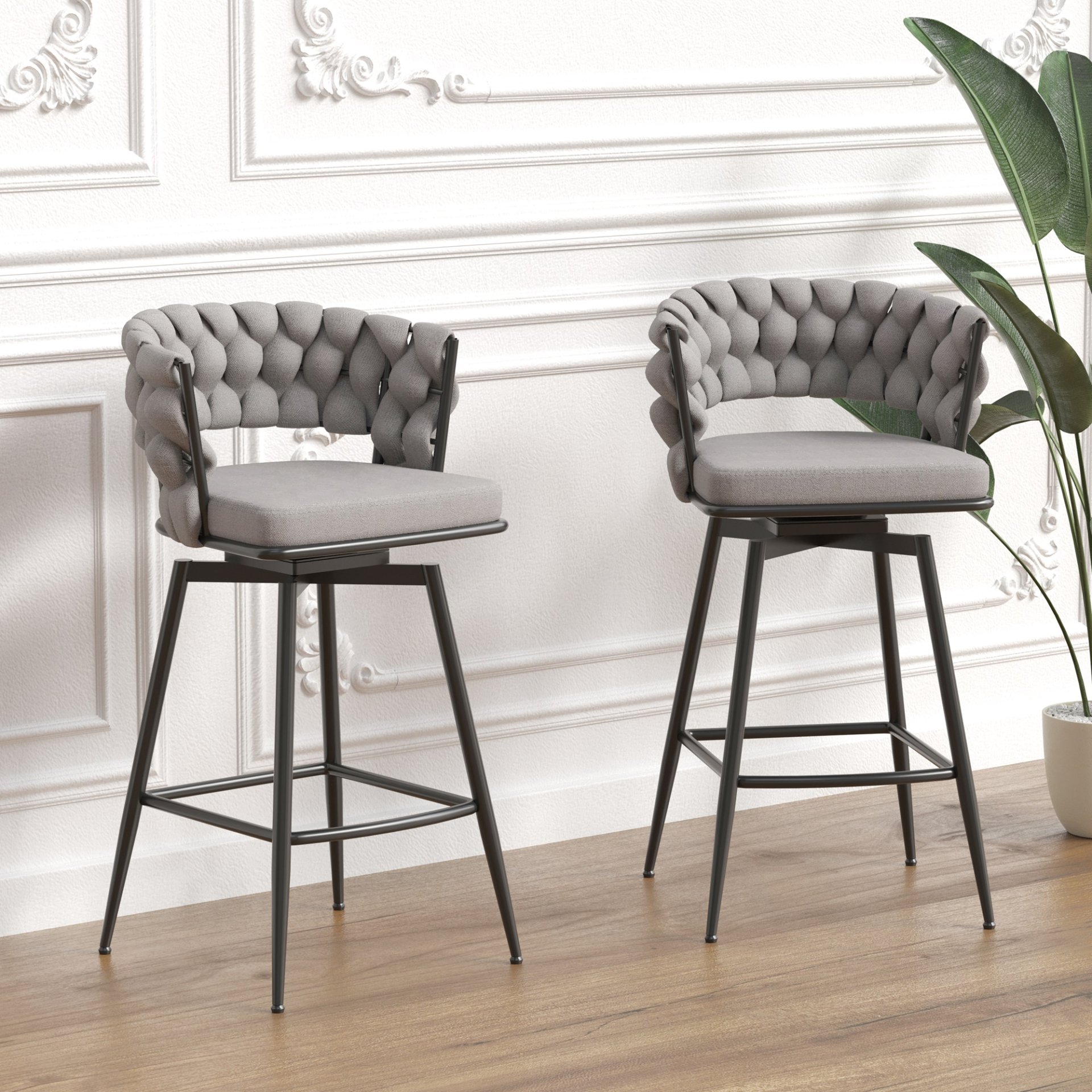 28" Bar Chair Linen Woven Bar Stool (Set of 2) Upholstered With Legs, 360 Swivel, Counter Arm Chairs With Back Footrest - Gray - Image 3