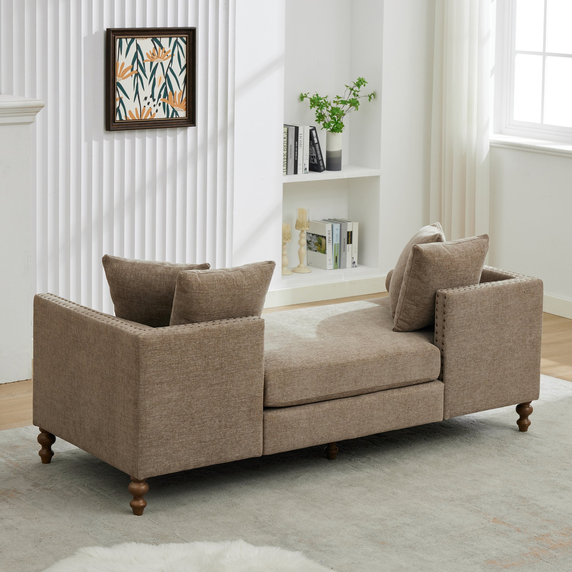 Upholstered Chaise Lounge Indoor With Nailheads, Sleeper Sofa Couch With 4 Throw Pillows & 2 Bolsters, Daybed With Rubberwood Legs - Taupe - Image 7