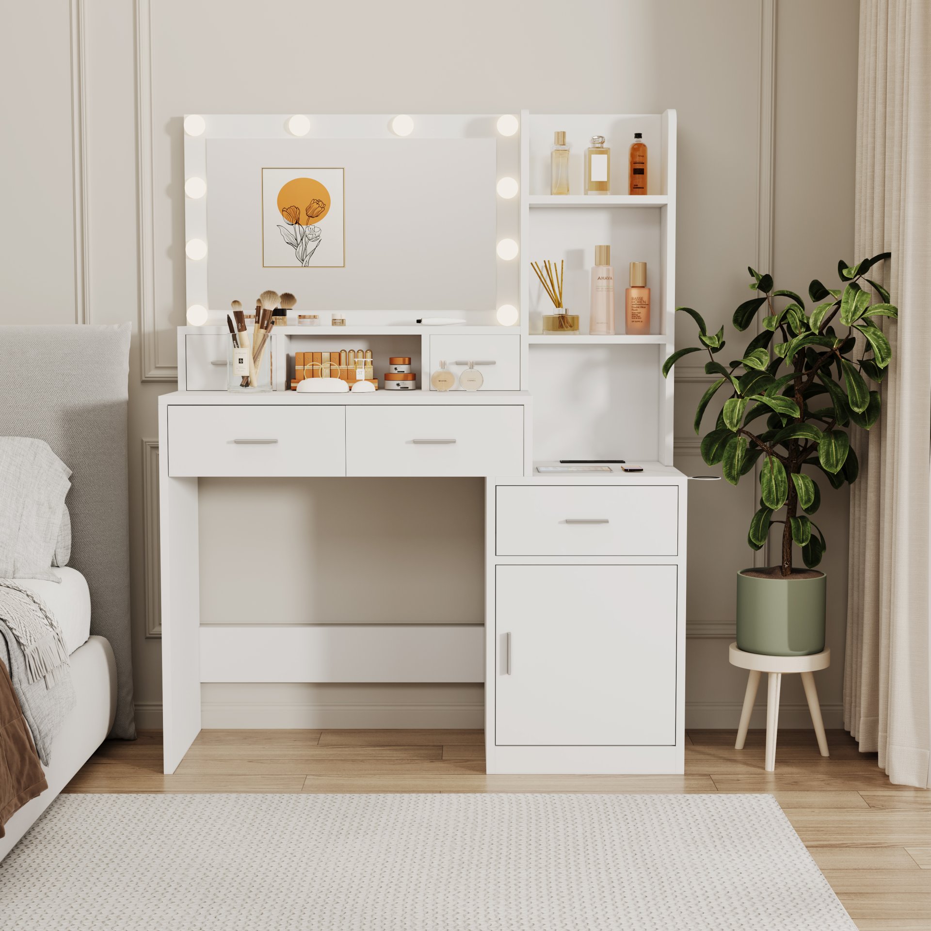 43.31" Newly Designed Smart Mirror Dressing Table With Drawers And Storage Cabinet, Dressing Table With Dressing Pad For Bedroom, Dressing Room - White - Image 9