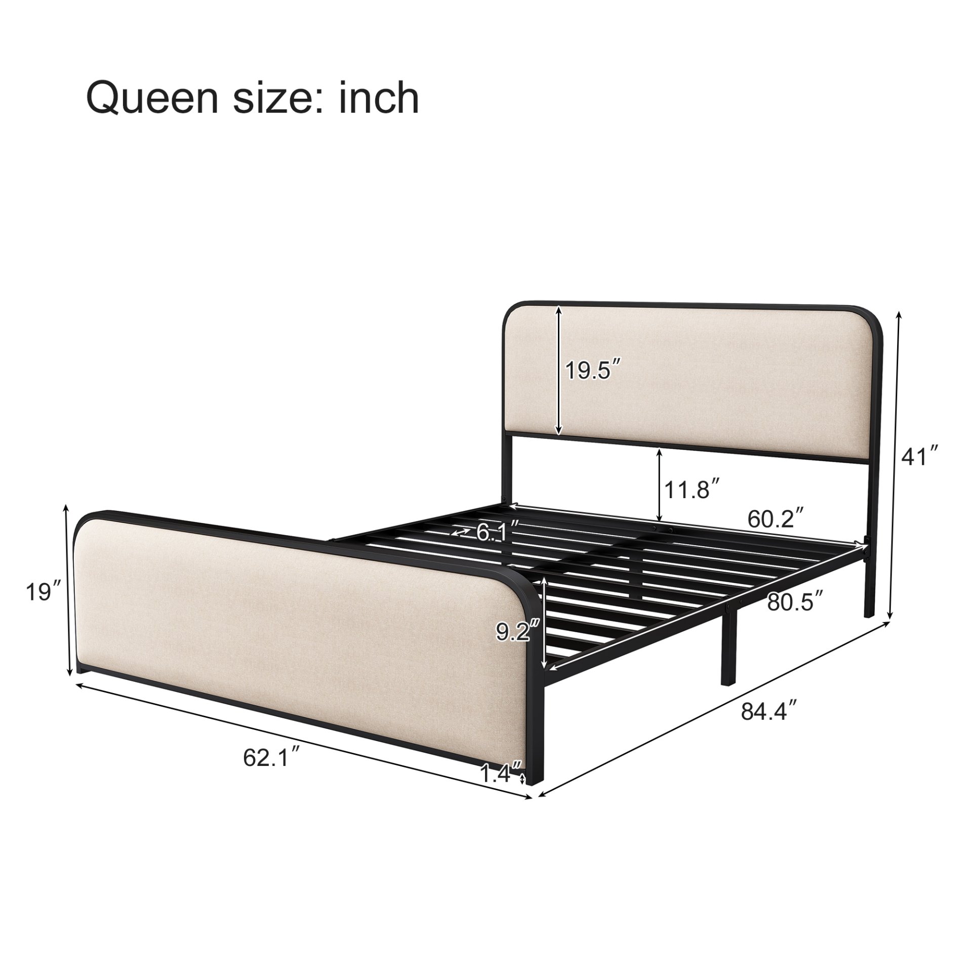 Modern Metal Bed Frame With Curved Upholstered Headboard And Footboard Bed With Under Bed Storage, Heavy Duty Metal Slats, Queen Size - Beige - Image 3