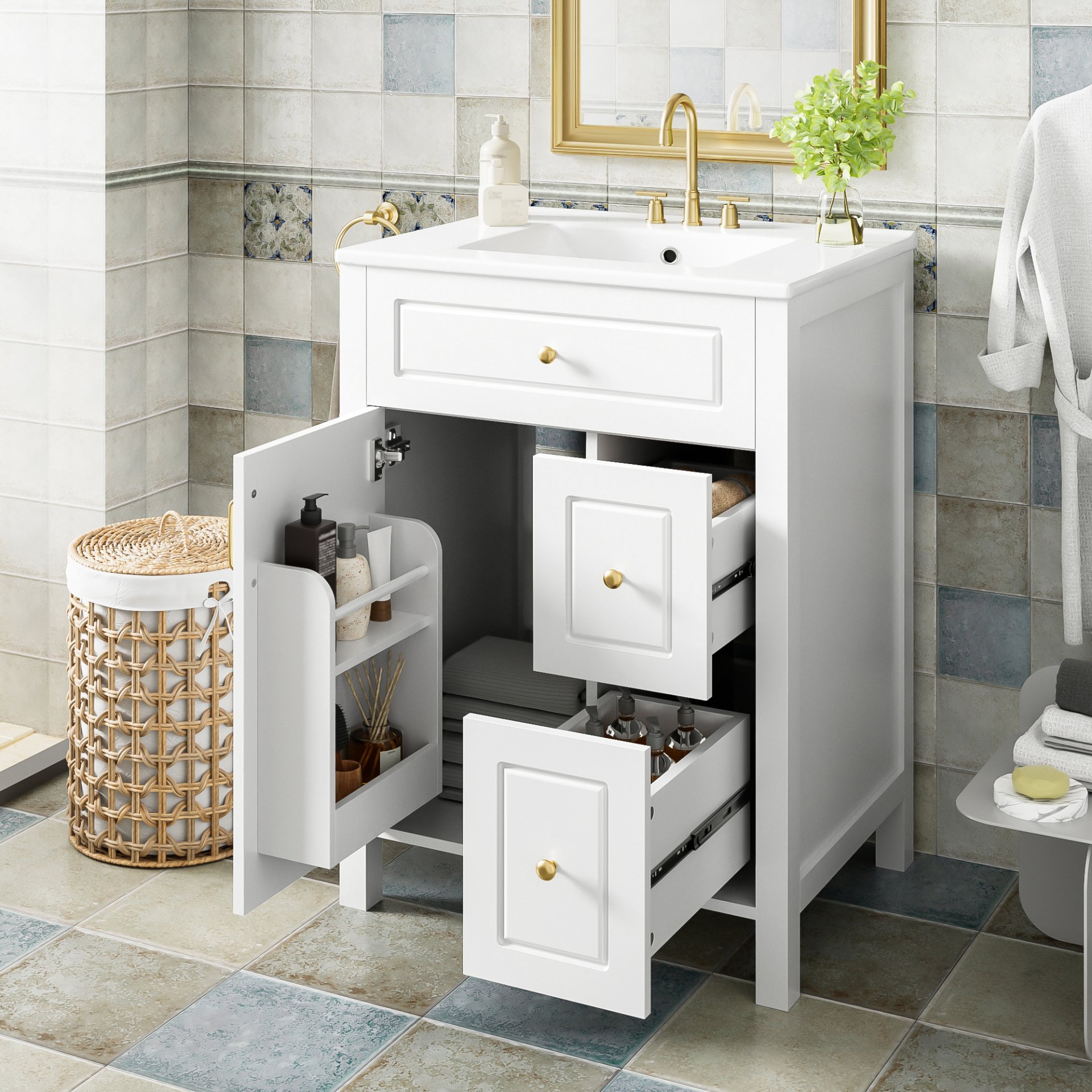 Bathroom Vanity With Sink, Soft Close Doors And Drawers, Double Storage Racks - White - Image 6