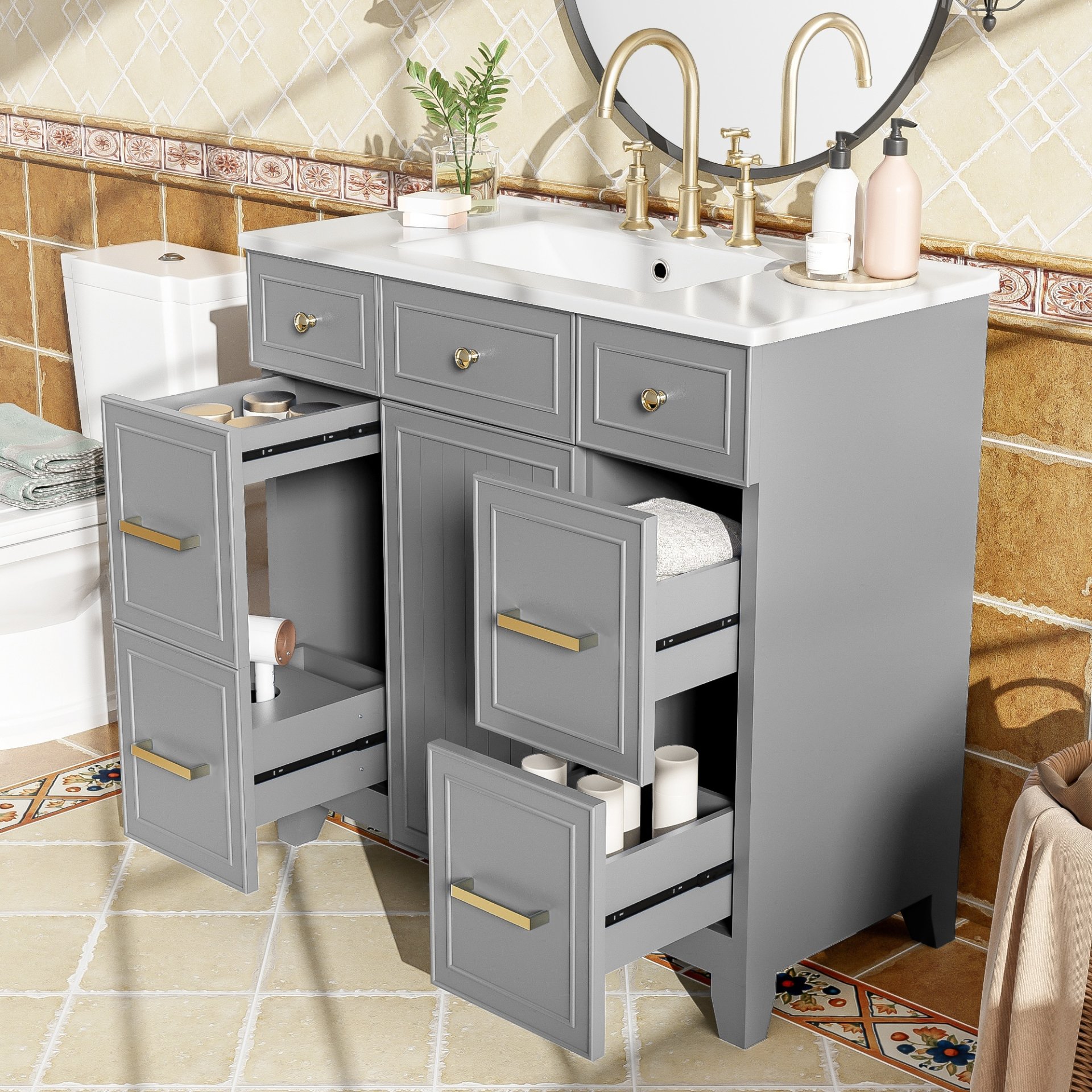 Bathroom Vanity With Sink, Soft Close Doors, Adjustable Shelves, 36" - Gray - Image 4