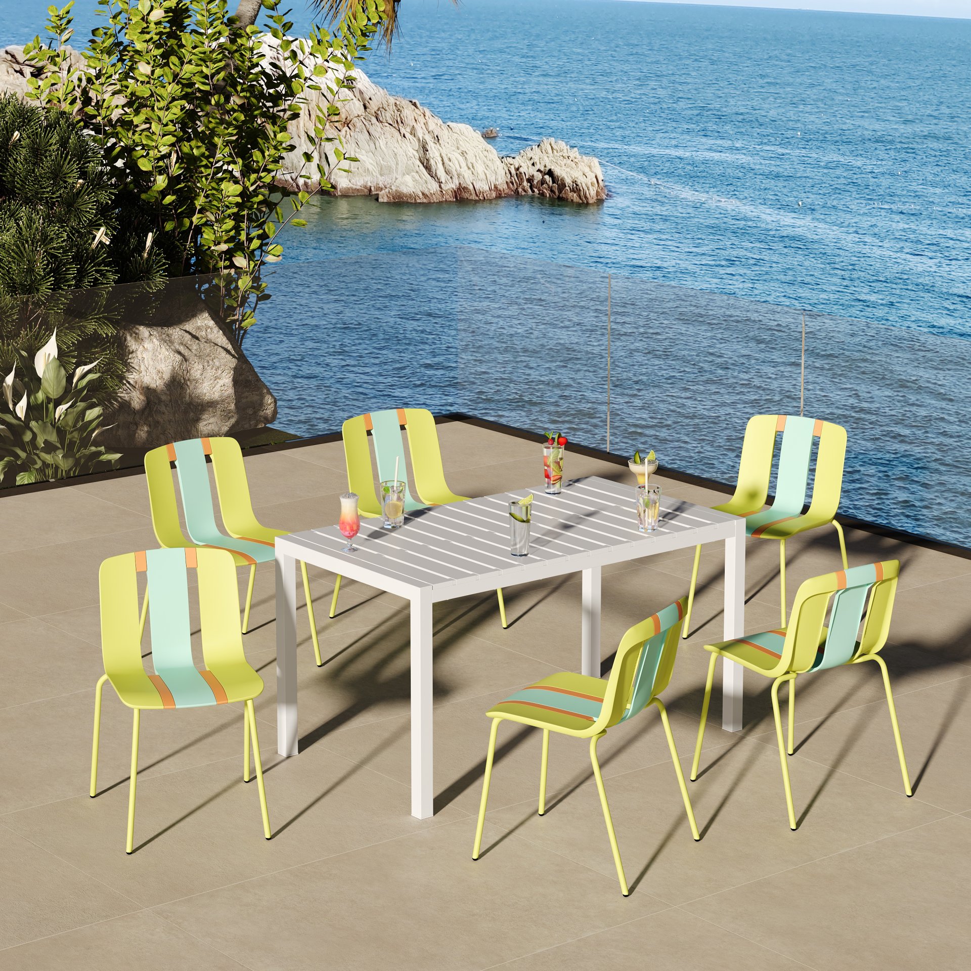 4 Piece Set Of Striped Color Blocking Single Chairs With Long Table - Grain Yellow / Haze Green / Tropical Orange / White - Image 4