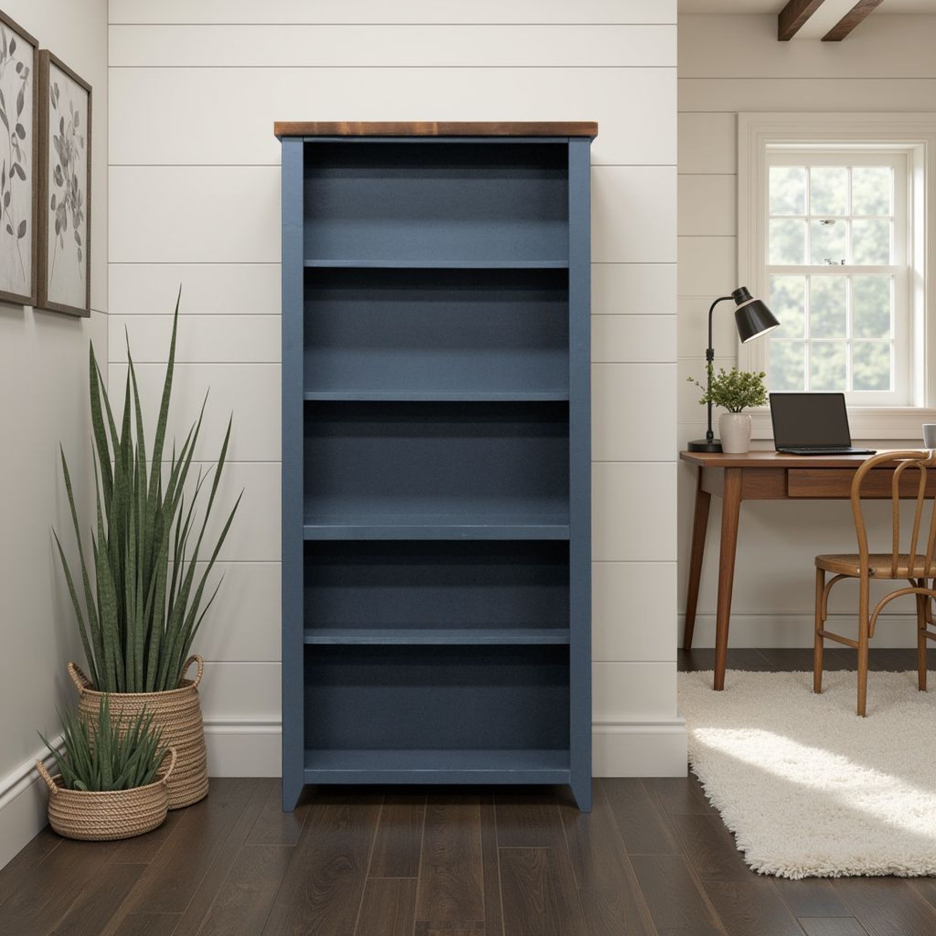 Nantucket - 5 Shelf Bookcase - Blue Denim, Whiskey - Image 3