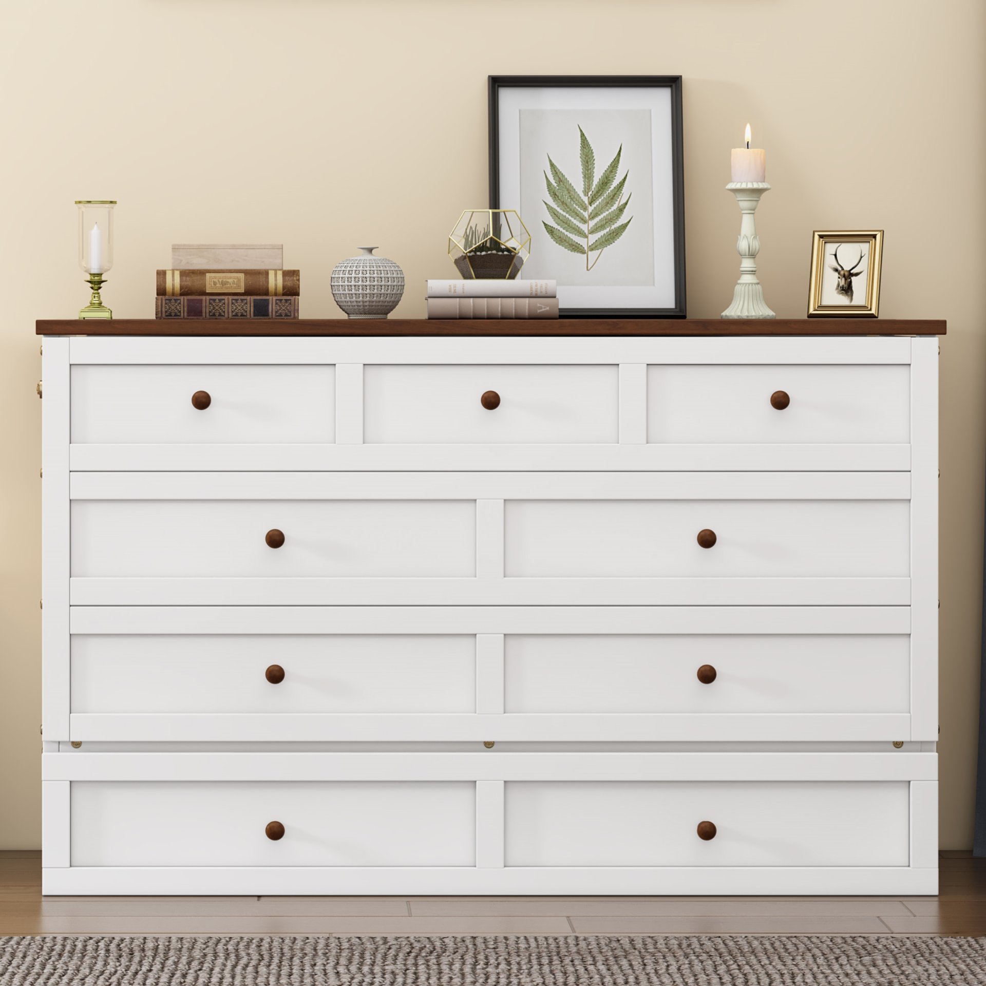 Full Solid Pine Murphy Bed Chest With Charging Station And Large Storage Drawer For Home Office Or Small Room - White / Walnut - Image 7