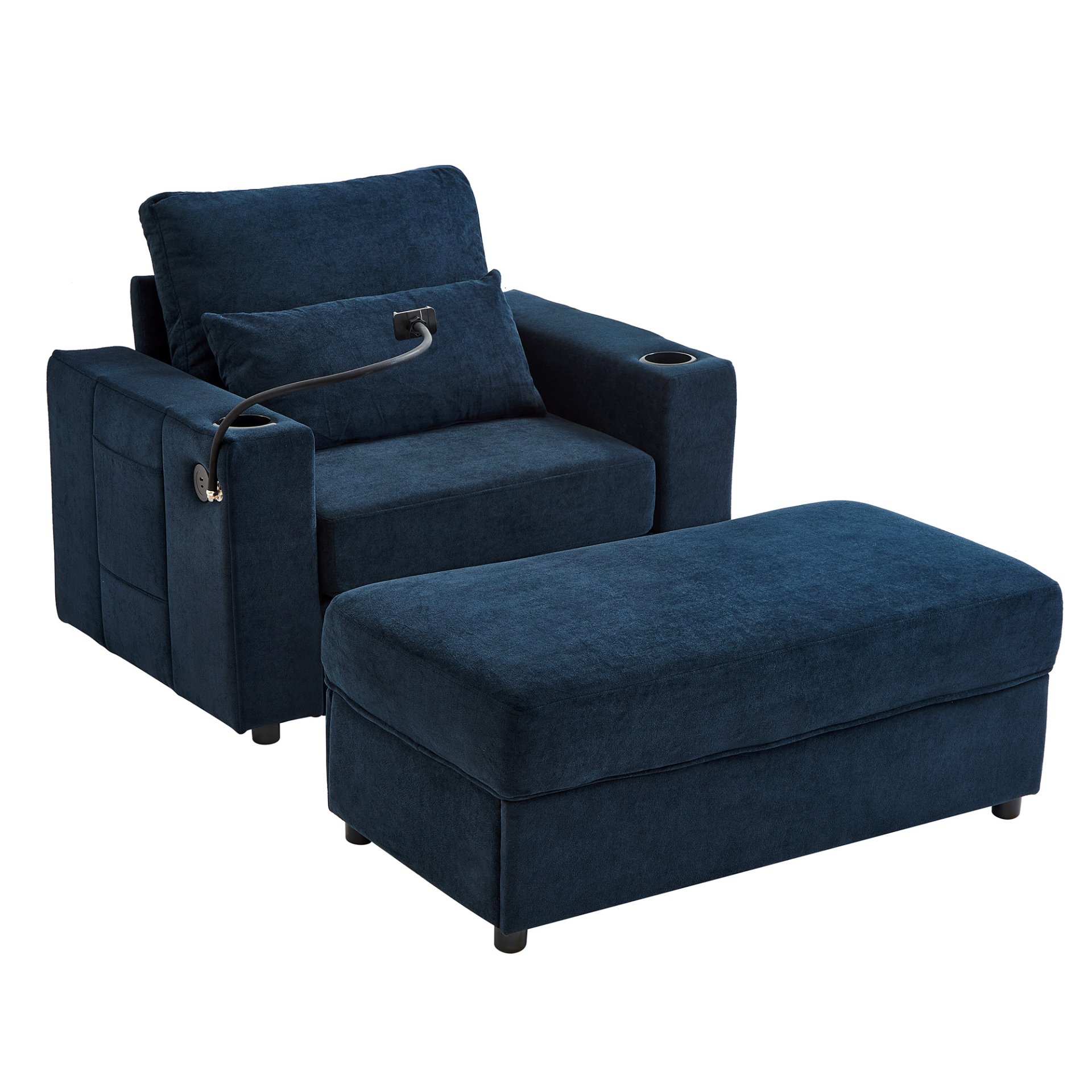 Modern Style Armchair Chaise Lounge Sofa Couch With Movable Storage Ottoman, USB Ports, Cup Holders, Phone Holder, Side Pockets - Blue - Image 16