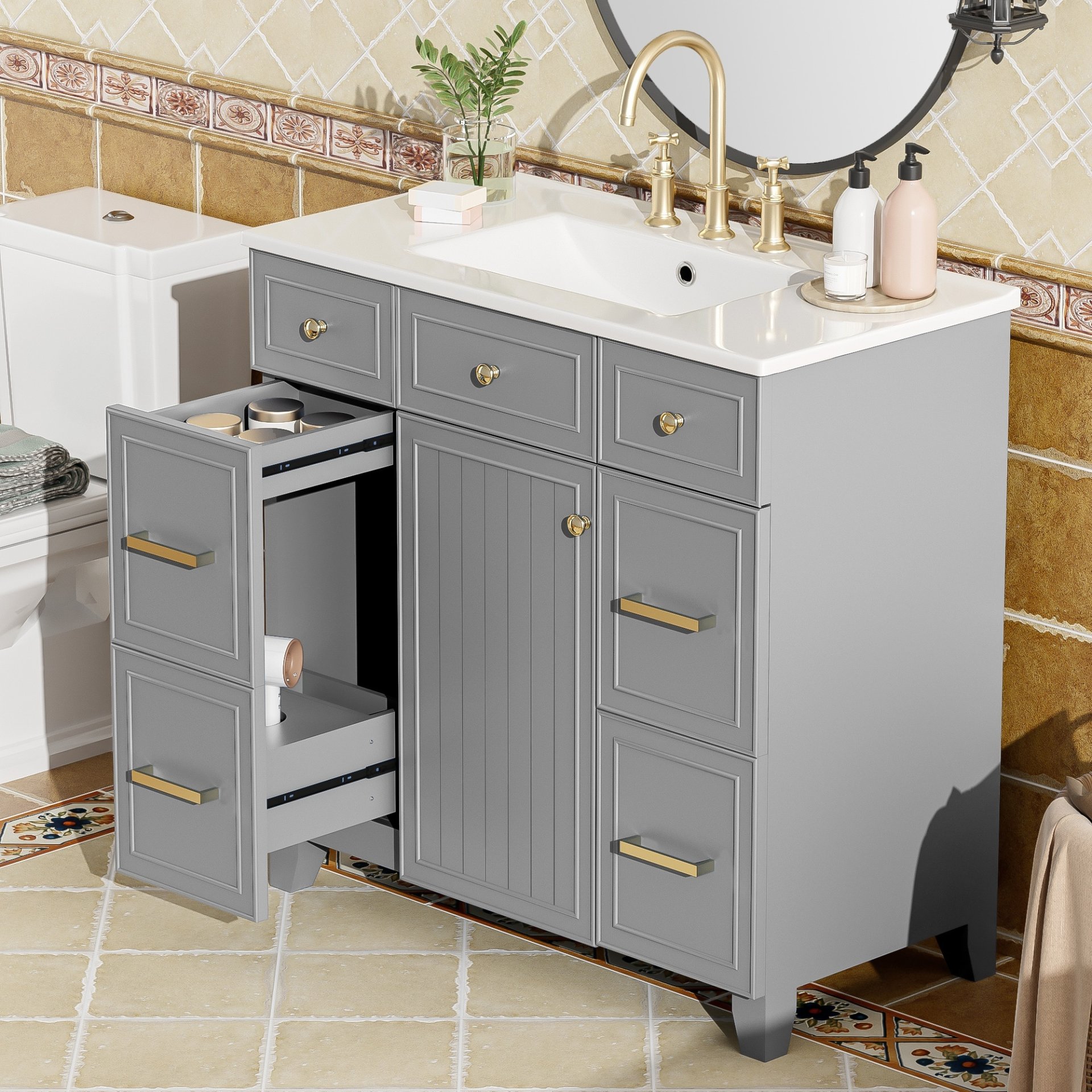 Bathroom Vanity With Sink, Soft Close Doors, Adjustable Shelves, 36" - Gray - Image 6
