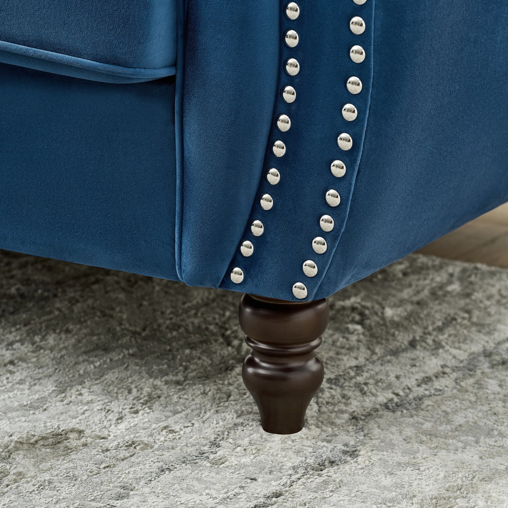 Chesterfield Sofa With Roll Armrest & Nailhead, 3 And 2 Seater - Blue - Image 4