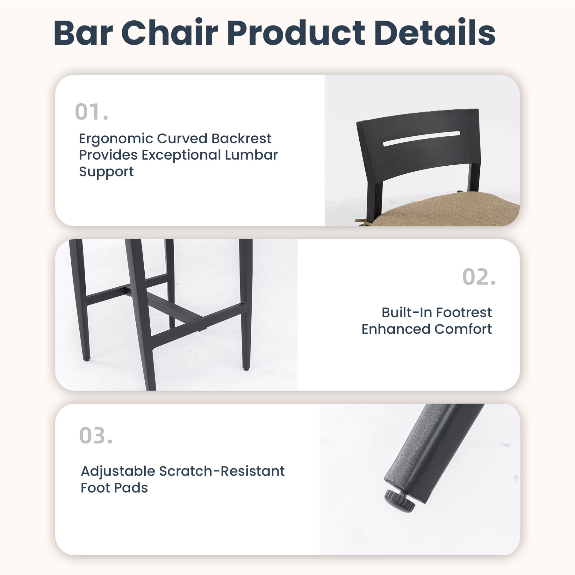 5 Pieces Outdoor Patio Bar Set, Rounded Square Table & 4 Bar Stools - Ember Black / Linen Sesame - Image 7
