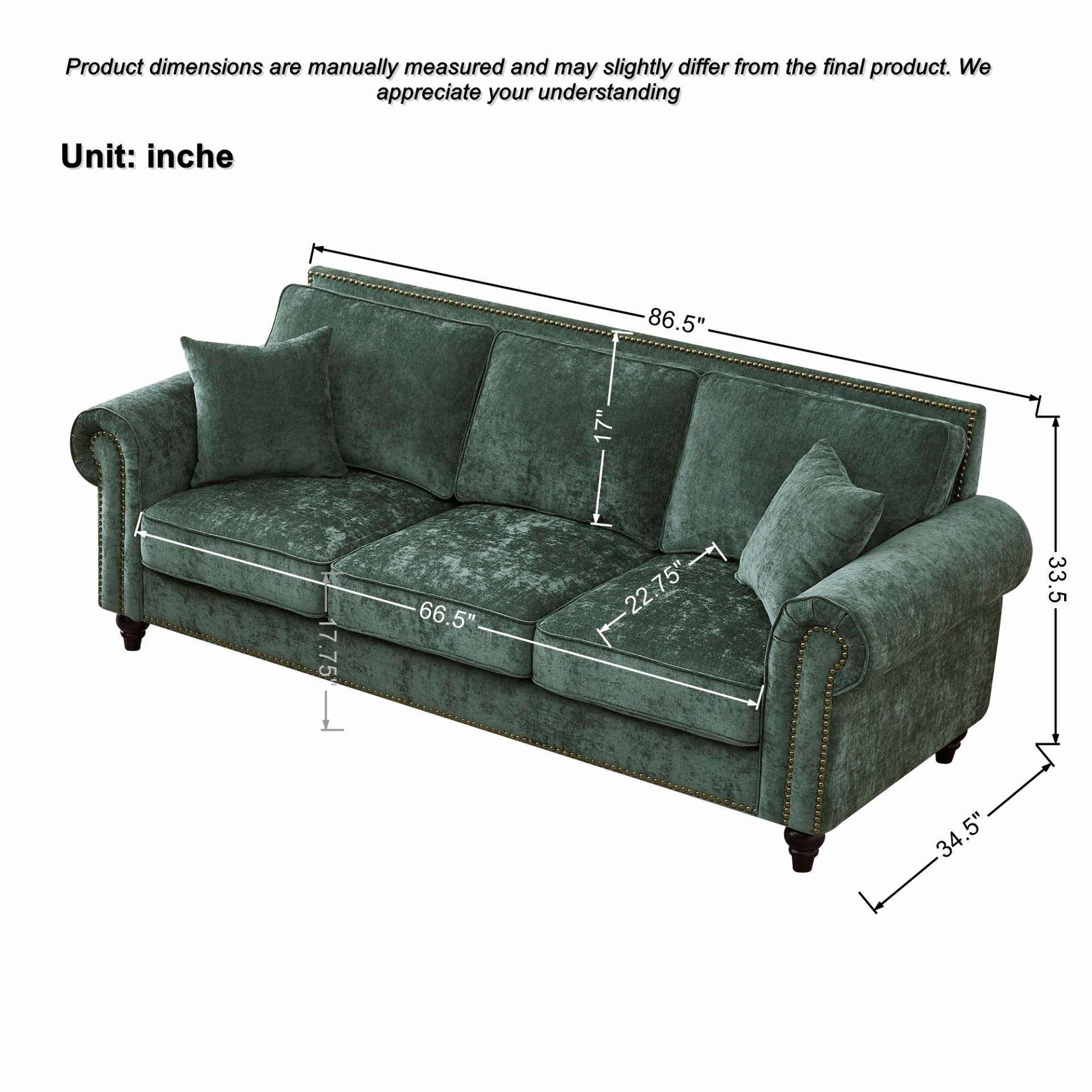 3 And 2 Seater Sofa With Rolled Arms - Green - Image 3