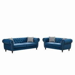 Chesterfield Sofa With Roll Armrest & Nailhead, 3 And 2 Seater - Blue
