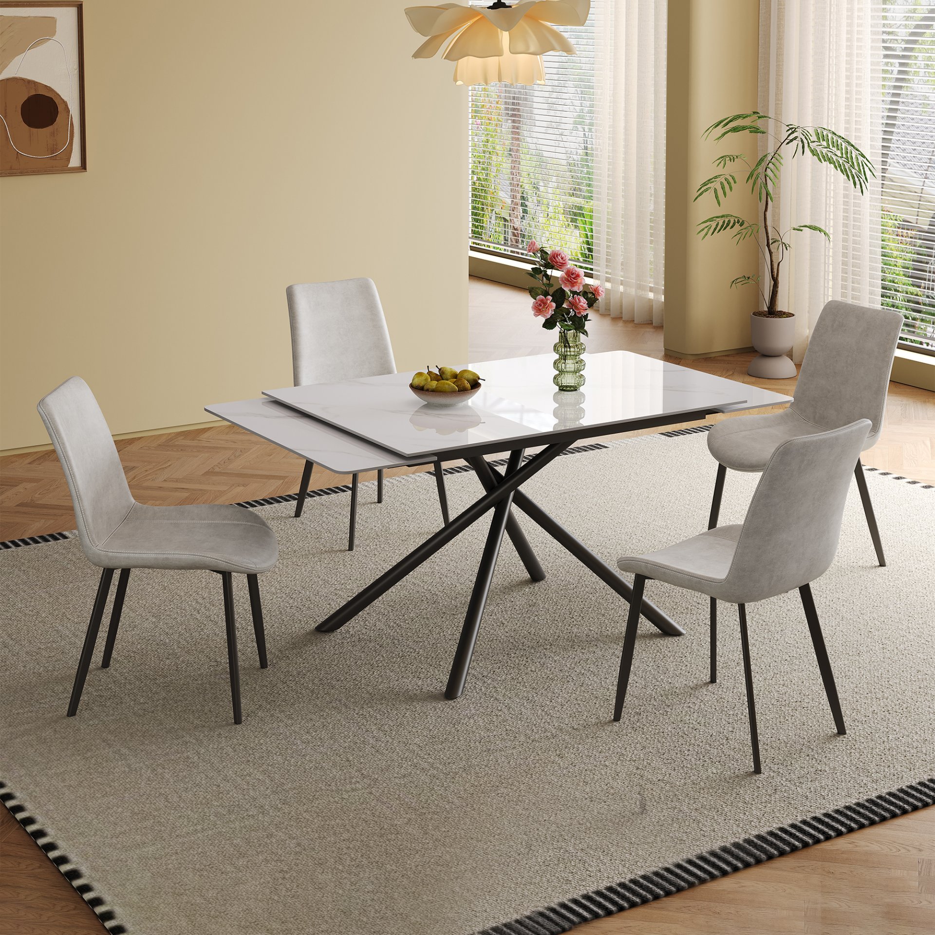 Retractable Dining Table Set With Carbon Steel Legs, Rectangular, Table And 4 Chairs - White - Image 4