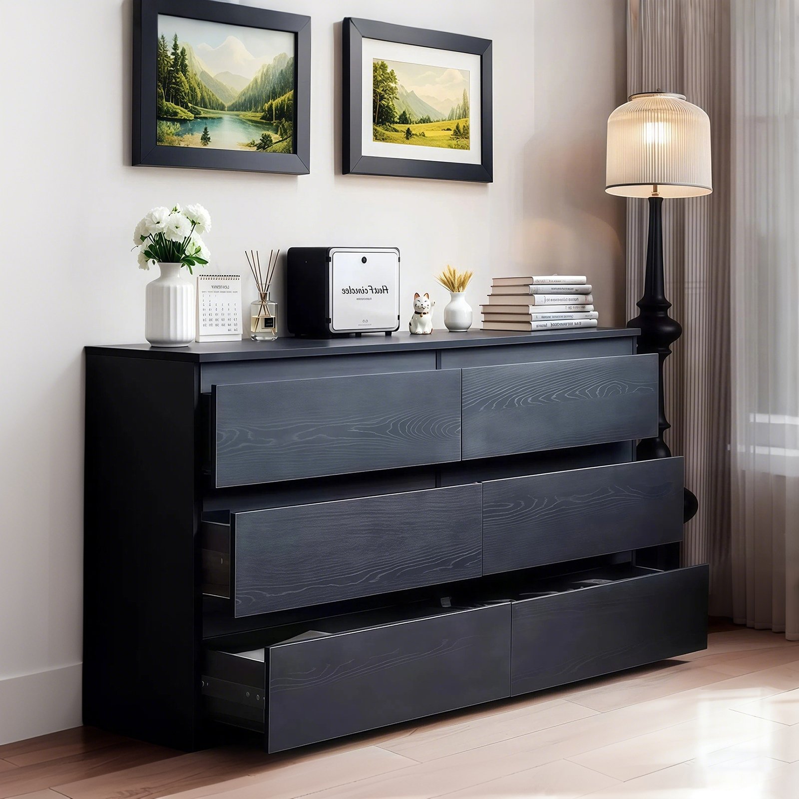 6 Drawer Dresser With Spacious Countertop And Concealed Handles, Storage Cabinet For Bedroom - Black - Image 8