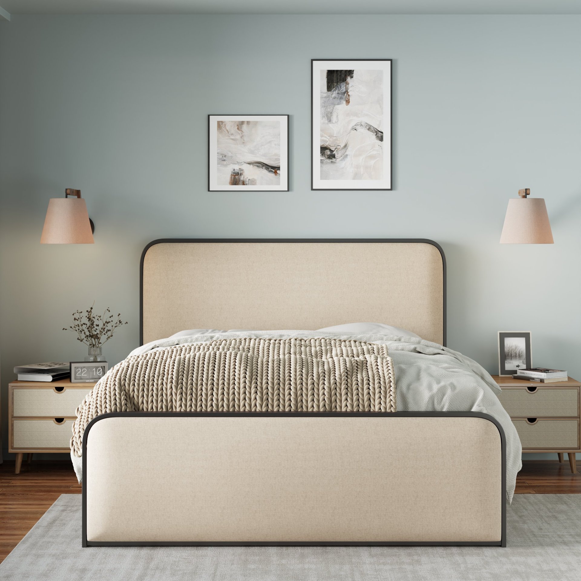 Modern Metal Bed Frame With Curved Upholstered Headboard And Footboard Bed With Under Bed Storage, Heavy Duty Metal Slats, King Size - Beige - Image 4