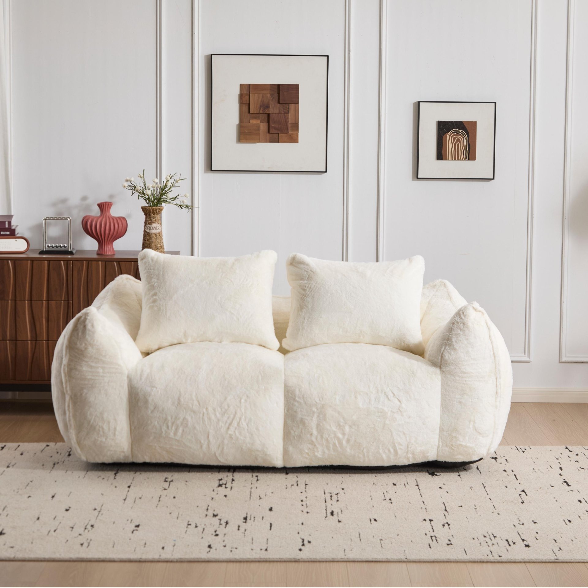 Giant Bean Bag Couch, Ultra Soft Fluffy Loveseat For Living Room Reading Chair With Pillows - White - Image 9