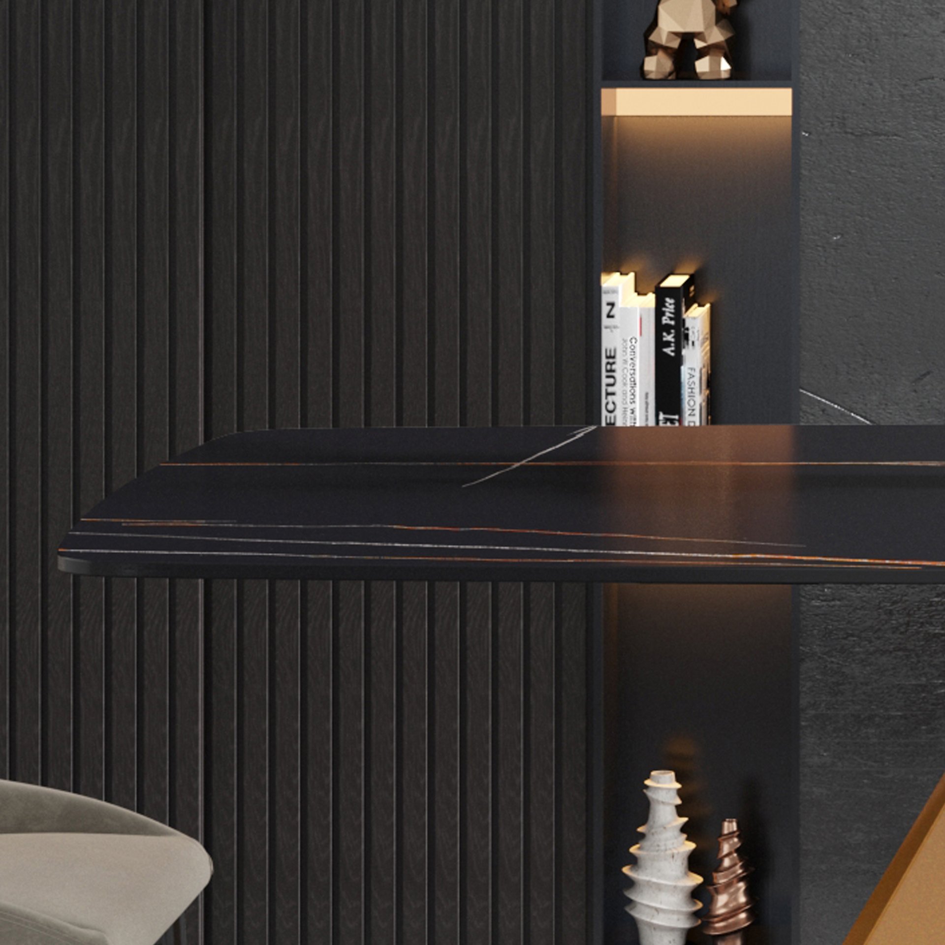 63" Artificial Stone Black Curved Golden Metal Leg Dining Table, 6 People - Black / Gold - Image 9