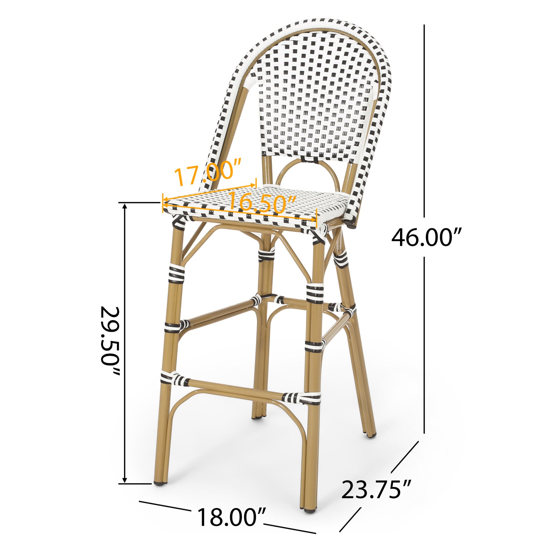 Outdoor Rattan French Barstool With Bamboo Aluminum Frame, Seat Height (Set of 2) - White / Black - Image 3