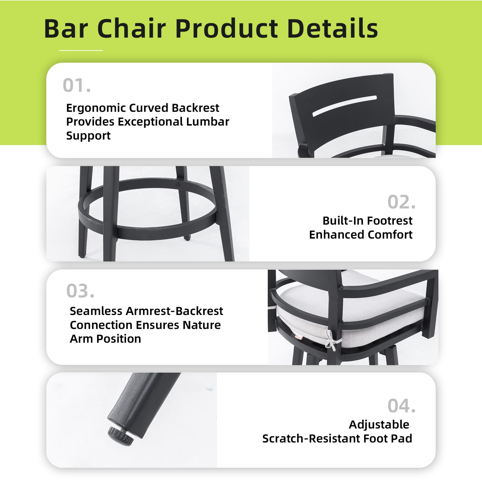 Modern Outdoor Swivel Bar Chairs, 360 Degree Rotation, Ergonomic Backrest, Armrests & Sunbrella Cushions, Weather Resistant (Set of 2) - Ember Black - Image 7