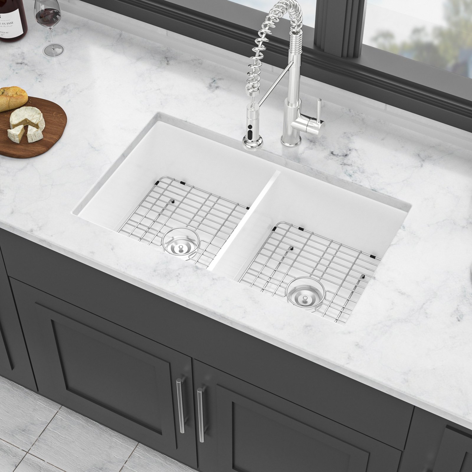 Elegant Dual Mount 32" Undermount Double Bowl Ceramic Kitchen Sink - White - Image 2