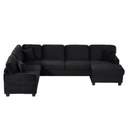 Upholstered U Shaped Sectional Sofa With Movable Ottoman And Side Storage Pockets - Black