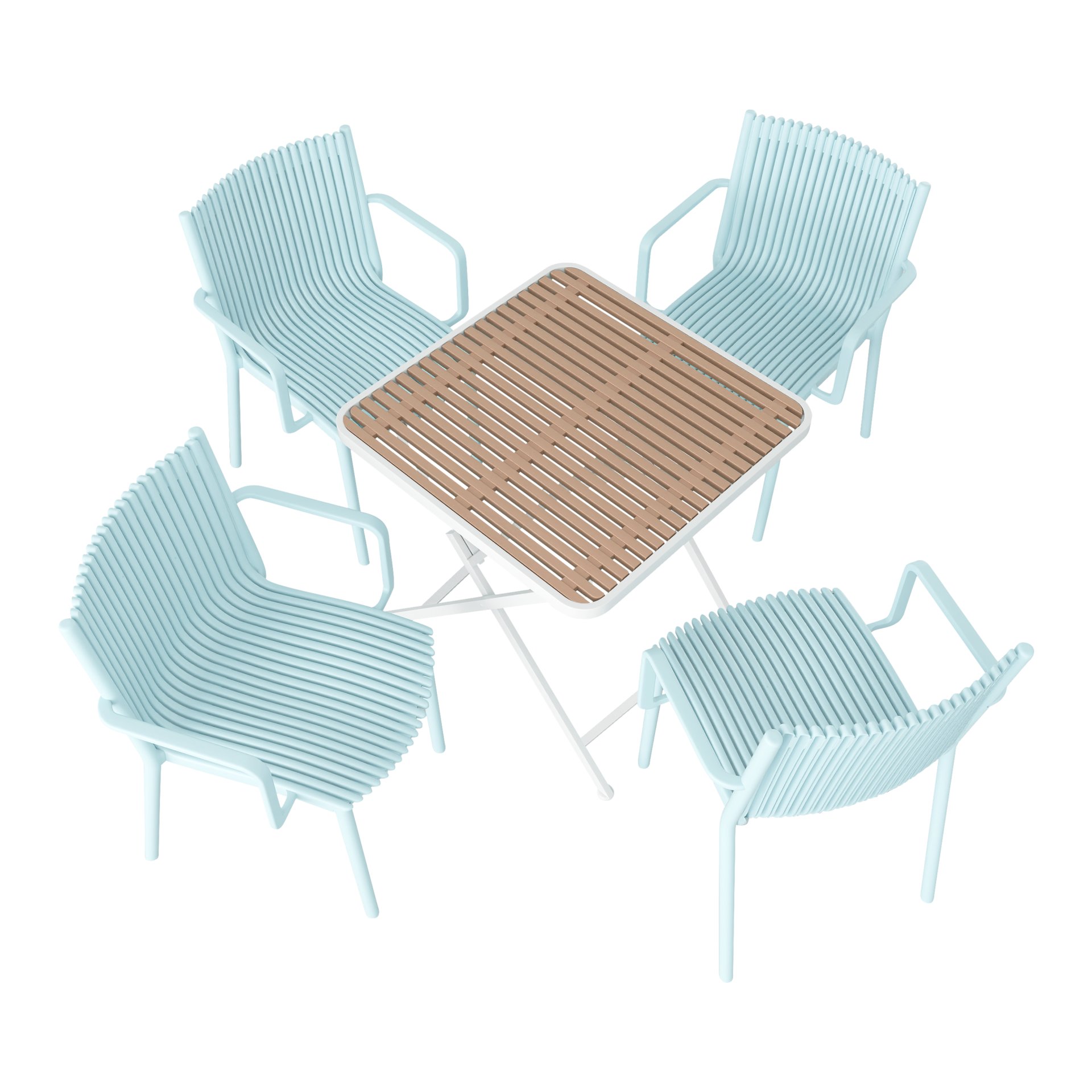 4 Stackable Plastic Armchair Matched With Folding Square Table - Khaki / Light Blue / White - Image 4