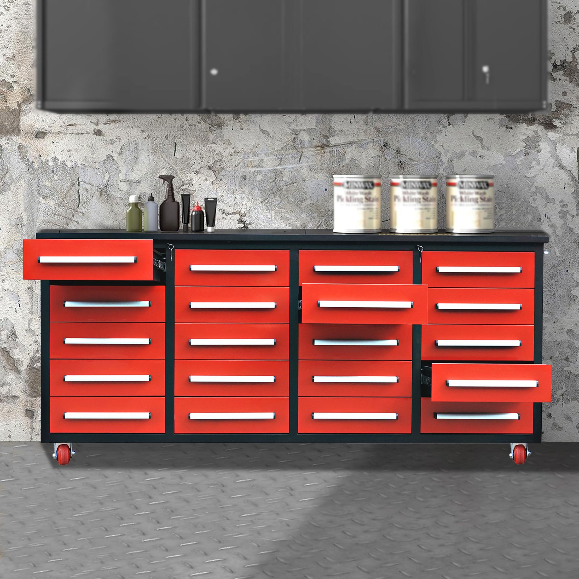 Garage Storage Cabinets With Workbench (20 Drawers) - Red - Image 2