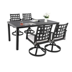 5 Pieces Outdoor Patio Dining Set, Rectangular Table & 4 Swivel Rock Dining Chairs With Sunbrella Cushion - Ember Black