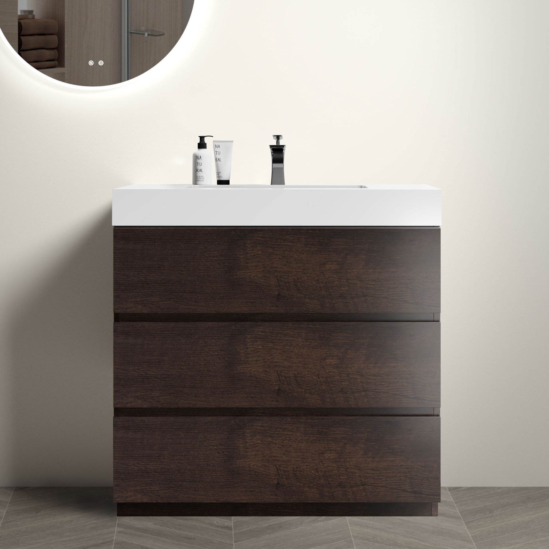 Alice - 36" Bathroom Vanity With Sink, Large Storage Freestanding Bathroom Vanity For Modern Bathroom, One-Piece Sink Basin Without Drain And Faucet - White / Walnut - Image 2