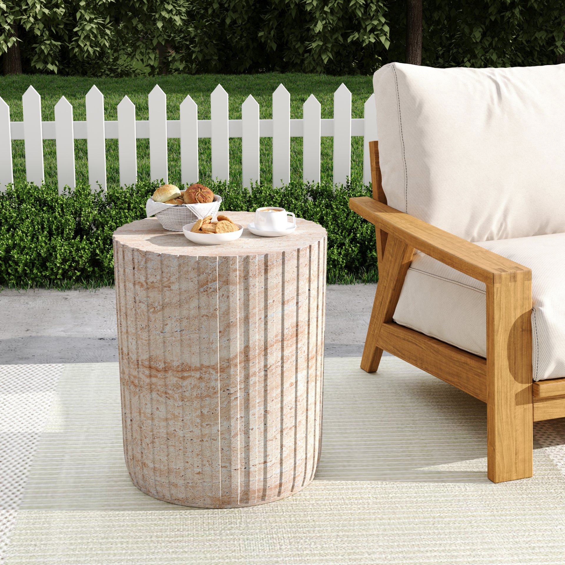 Elegant Outdoor / Indoor Lightweight Concrete Side Table With Travertine - Beige - Image 2