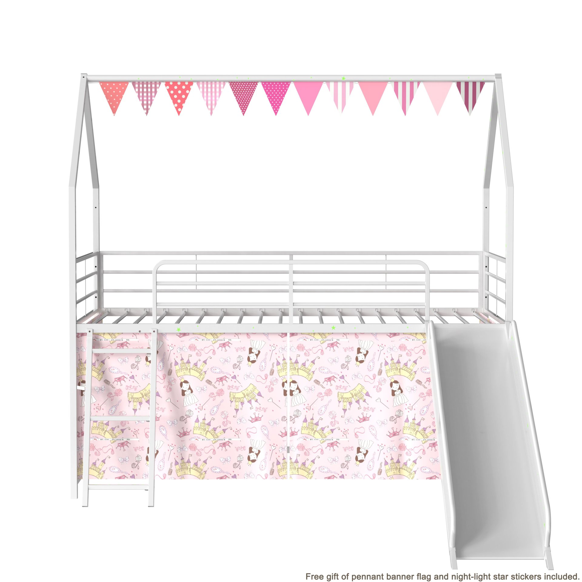 Jack - House Twin Loft Bed With Slide And Curtain Set - White / Pink - Image 10